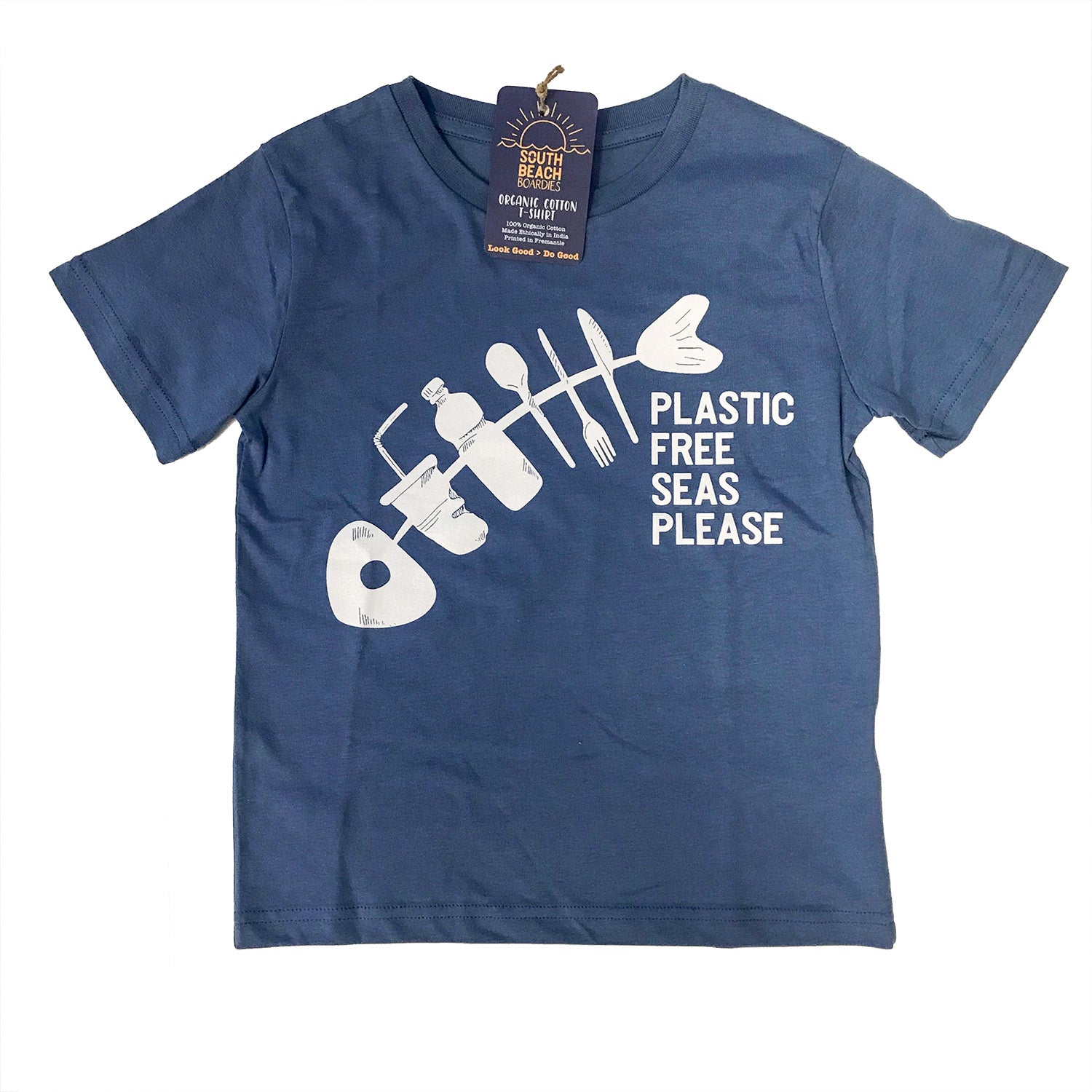 South Beach Boardies BLUE kids organic tshirt PLASTIC FREE SEAS PLEASE, front