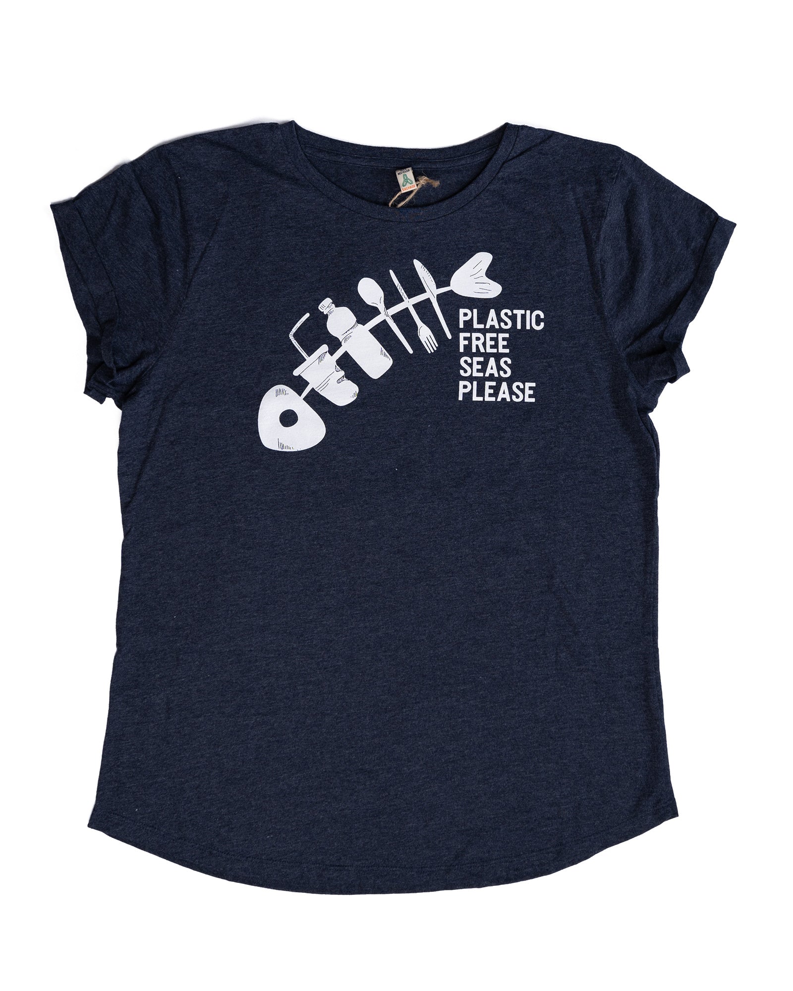 South Beach Boardies Fairwear 100% Recycled Blue Fish Women's T-shirt front, Plastic Free Seas Please