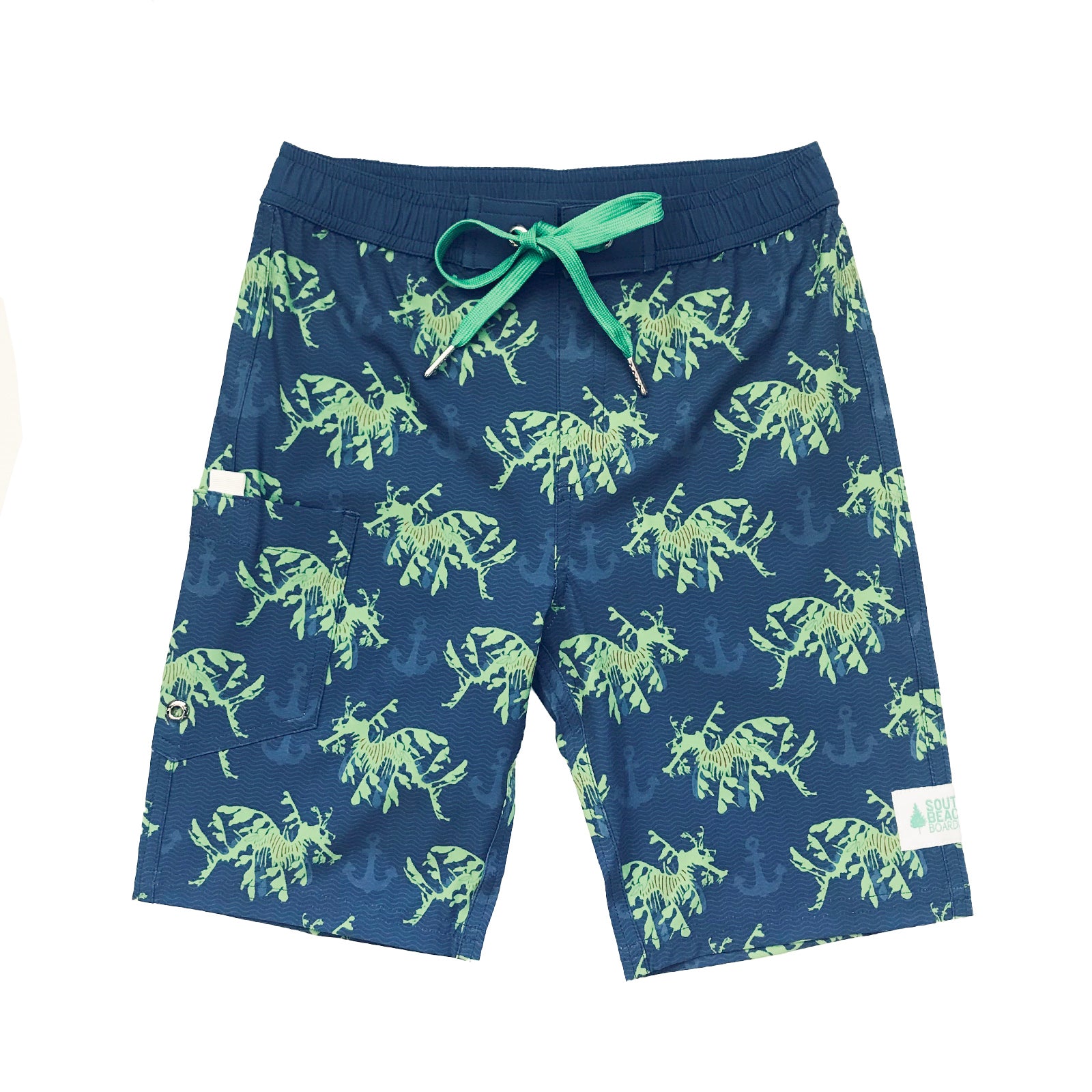 South Beach Boardies Kids Long Board Shorts in Leafy Seadragon 2.0 print made from recycled plastic bottles, front 