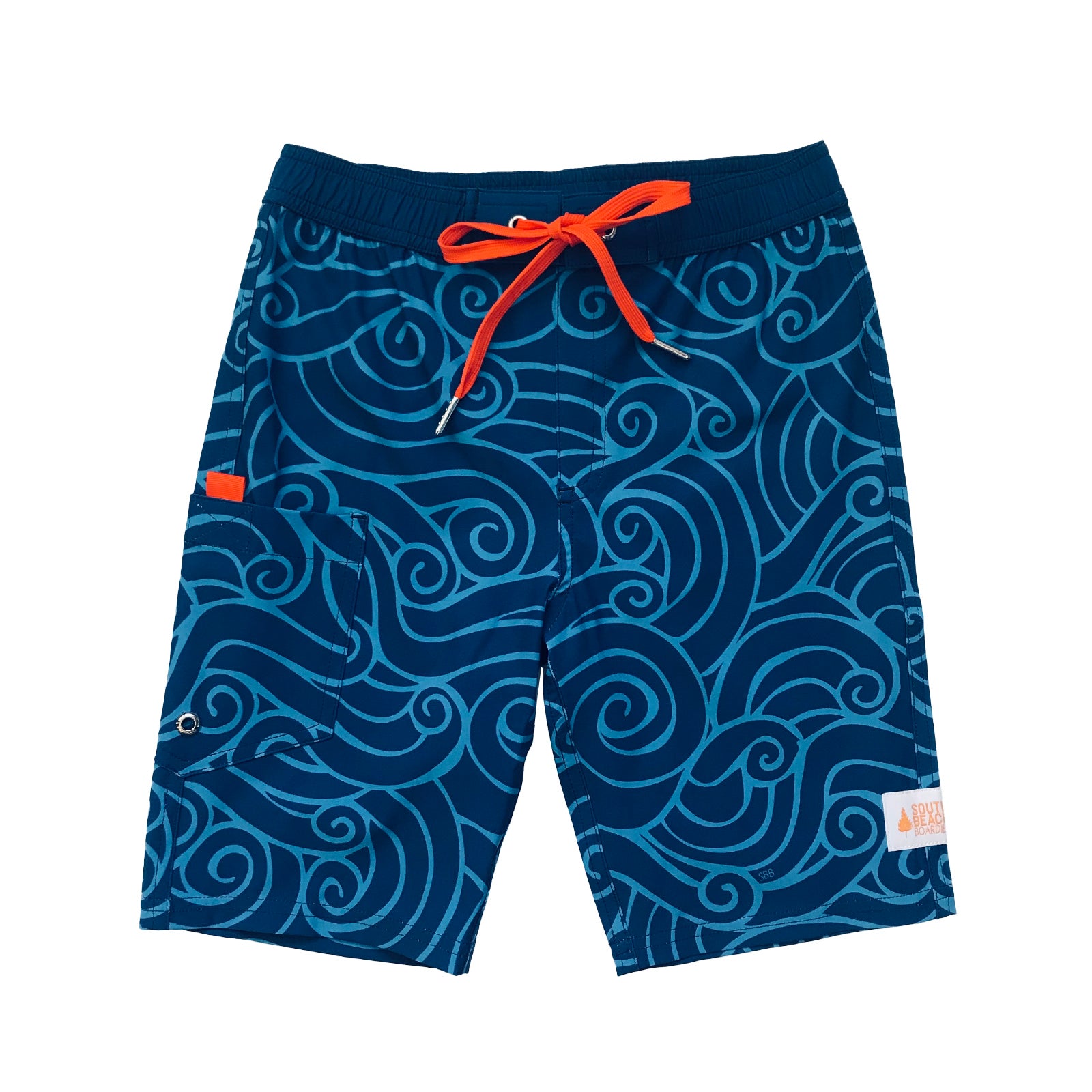 South Beach Boardies Kids Long Board Shorts in Waves for Days print made from recycled plastic bottles, front