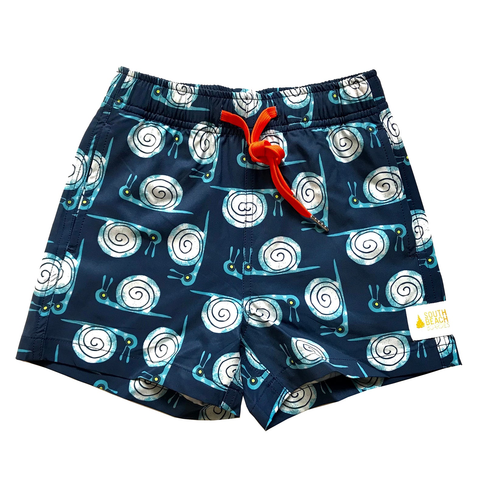 South Beach Boardies Kids Stretchy Trunks in Snail Trail print, made from recycled plastic bottles, front.