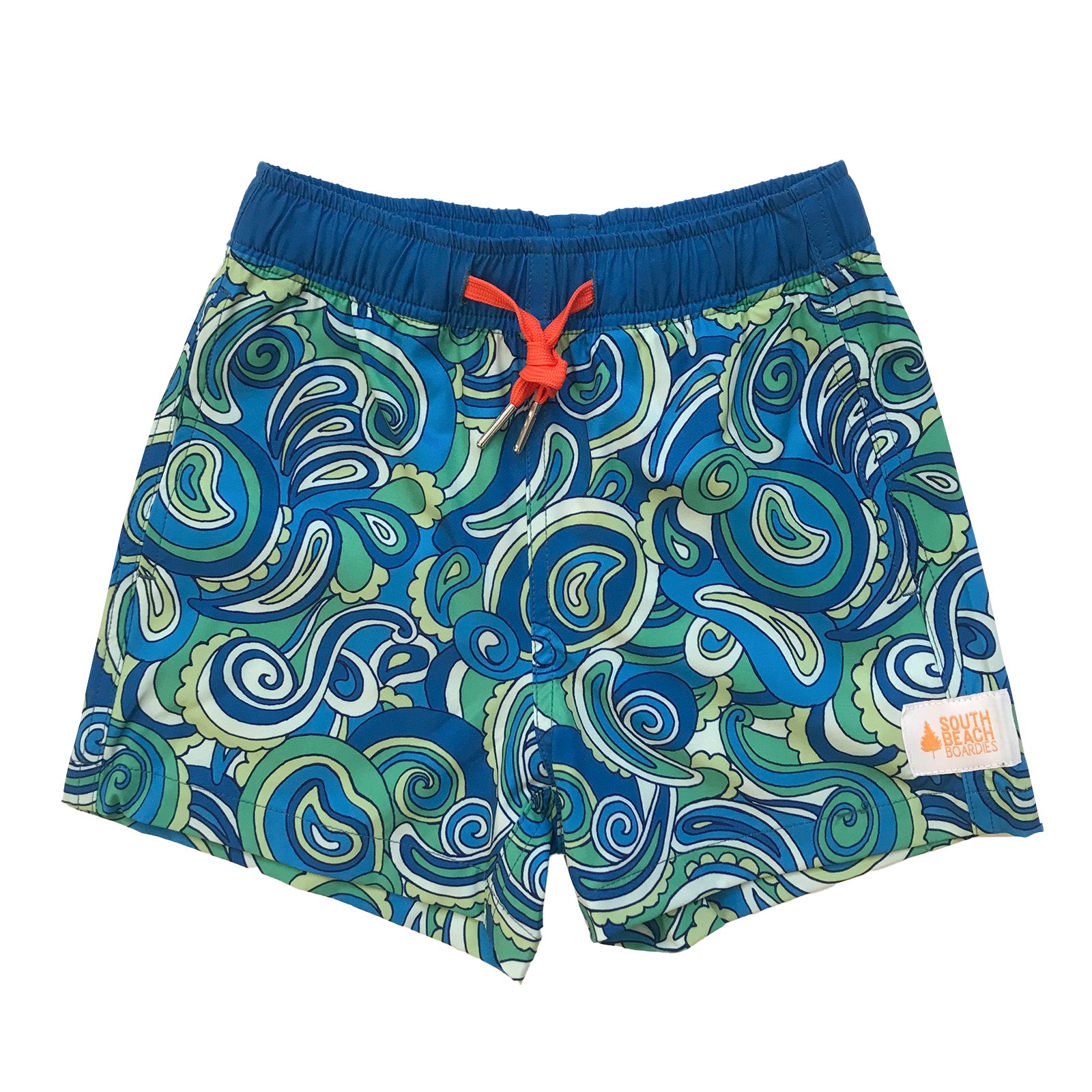 South Beach Boardies Kids Stretchy Trunks made from recycled plastic bottles, Paisley Days print, front