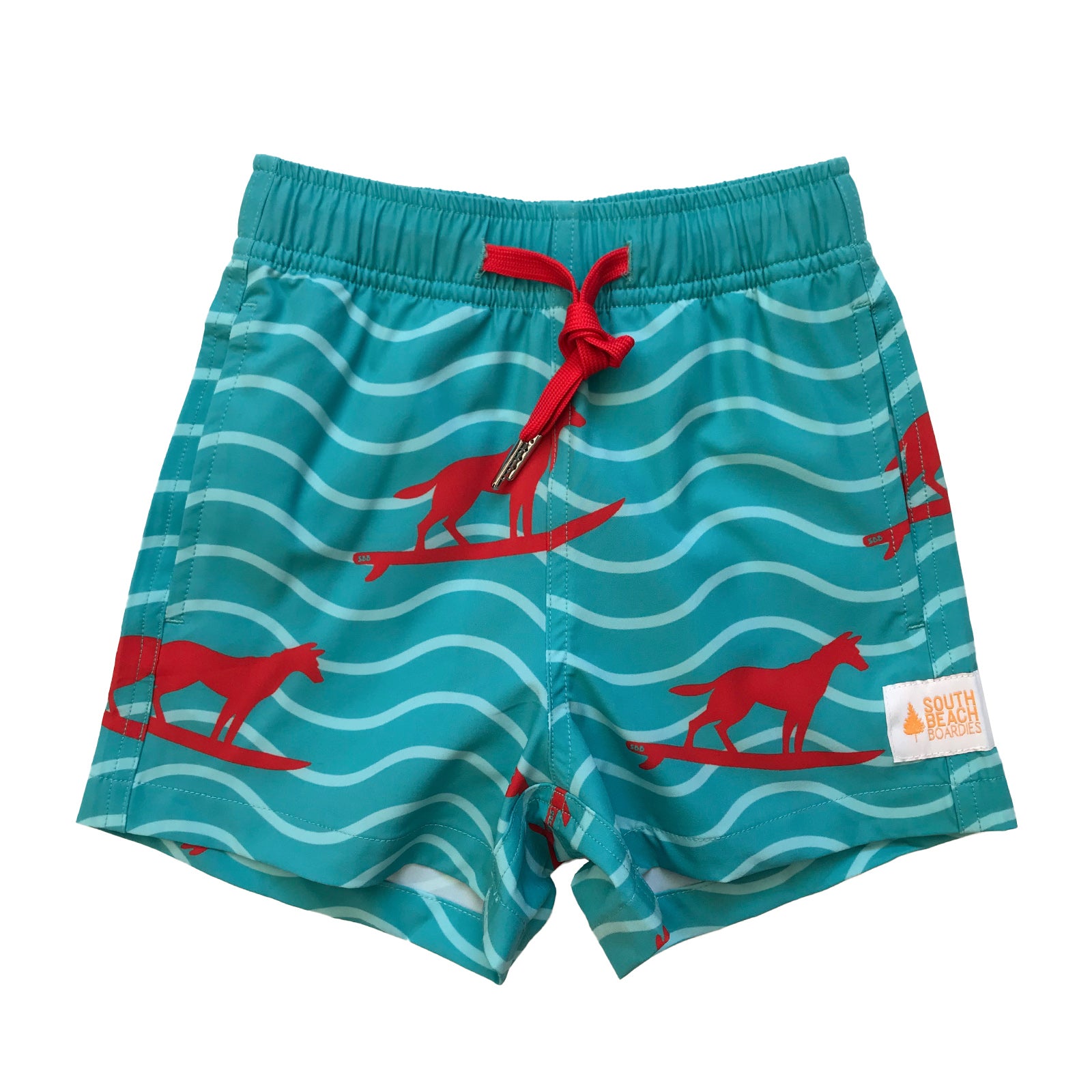 South Beach Boardies Kids Stretchy Trunks made from recycled plastic bottles, TURQUOISE DINGO print, front.