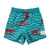 South Beach Boardies Kids Stretchy Trunks made from recycled plastic bottles, TURQUOISE DINGO print, front.