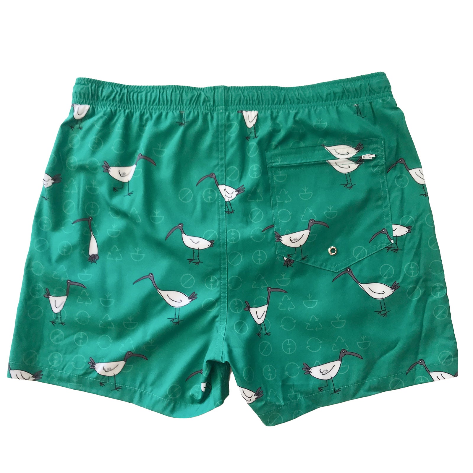 South Beach Boardies Men's Stretchy Trunks made from recycled plastic bottles, Bin Chicken Ibis print, back