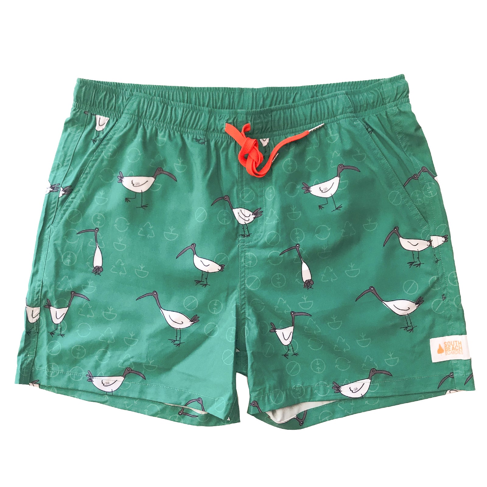 South Beach Boardies Men's Stretchy Trunks made from recycled plastic bottles, Bin Chicken Ibis print, front