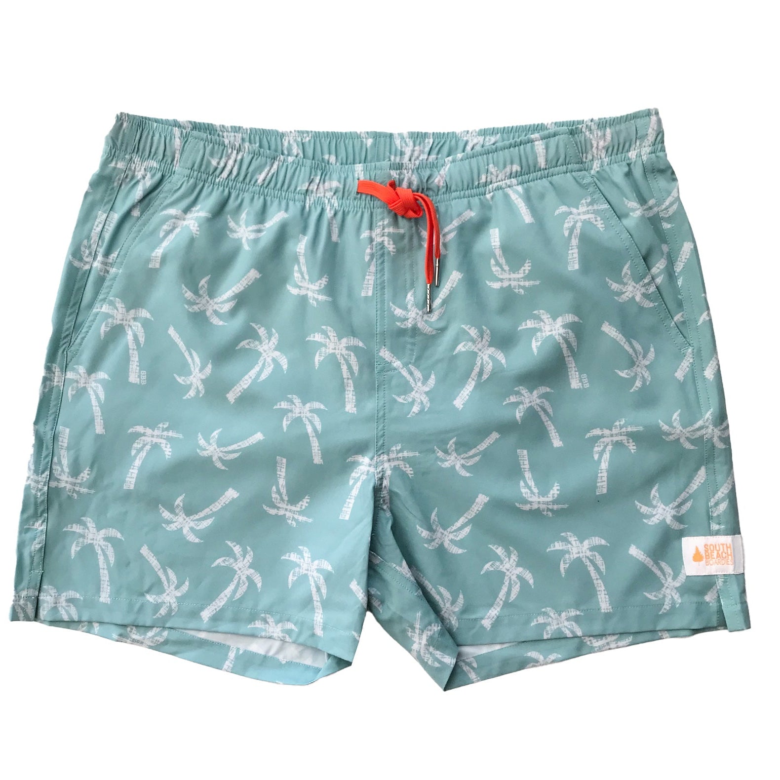 South Beach Boardies Men's Stretchy Trunks made from recycled plastic bottles, Cocos palm tree print, front