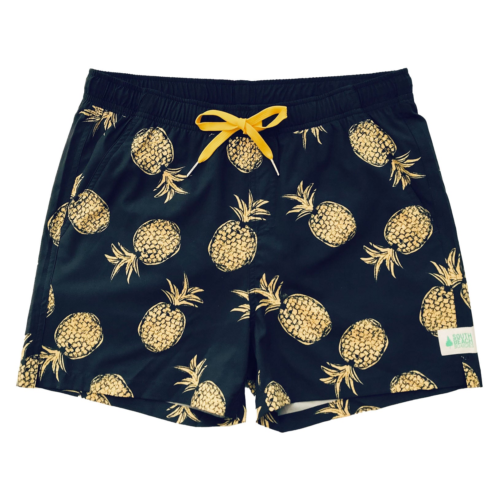 South Beach Boardies  matching Kids and Mens Stretchy Trunks made from recycled plastic bottles, Gold Pineapples print
