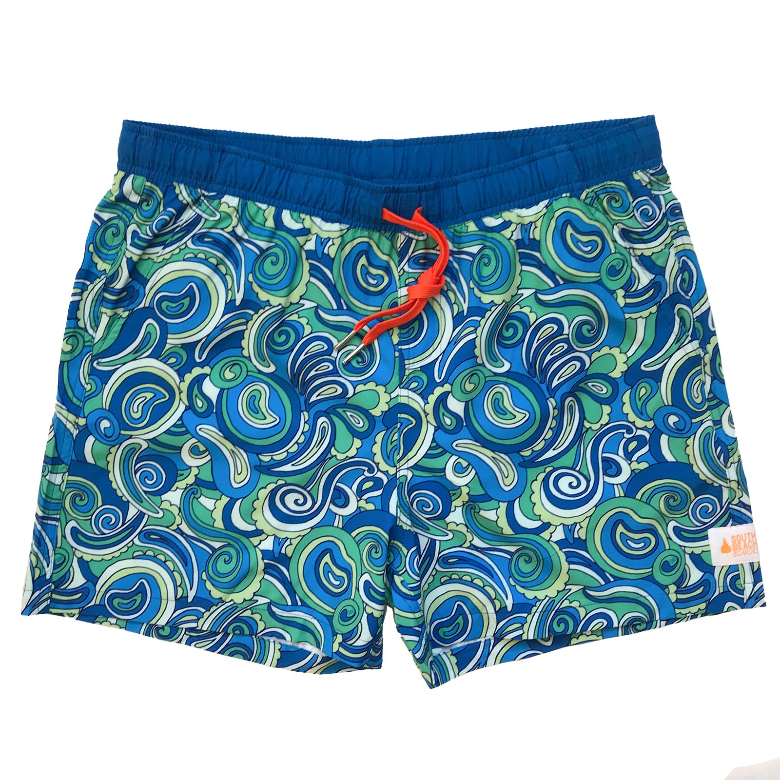 South Beach Boardies Men's Stretchy Trunks made from recycled plastic bottles, Paisley Days print, front