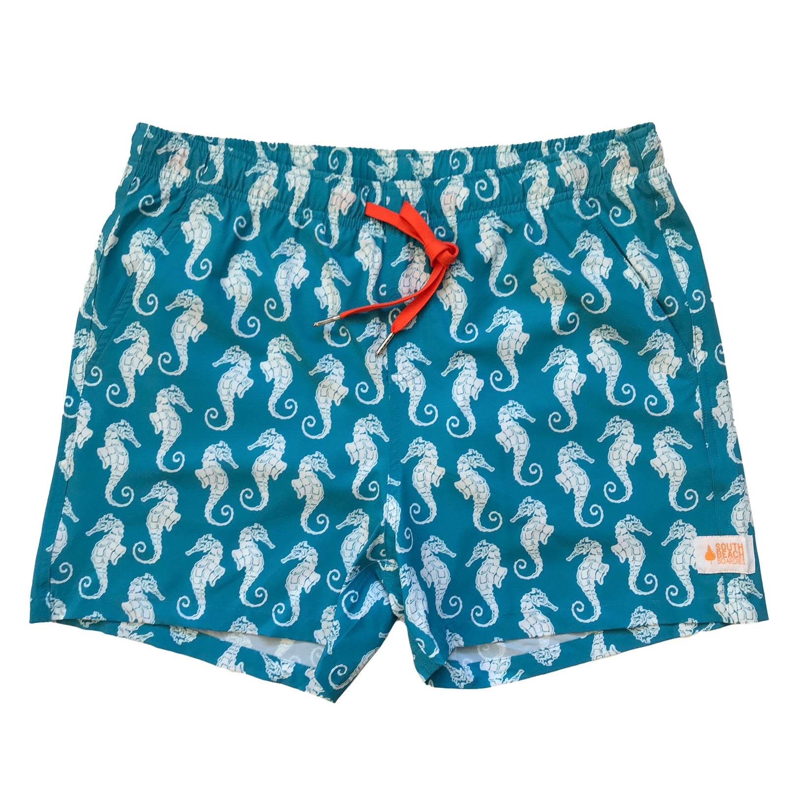 South Beach Boardies Men's Stretchy Trunks made from recycled plastic bottles, Seahorse print, front 