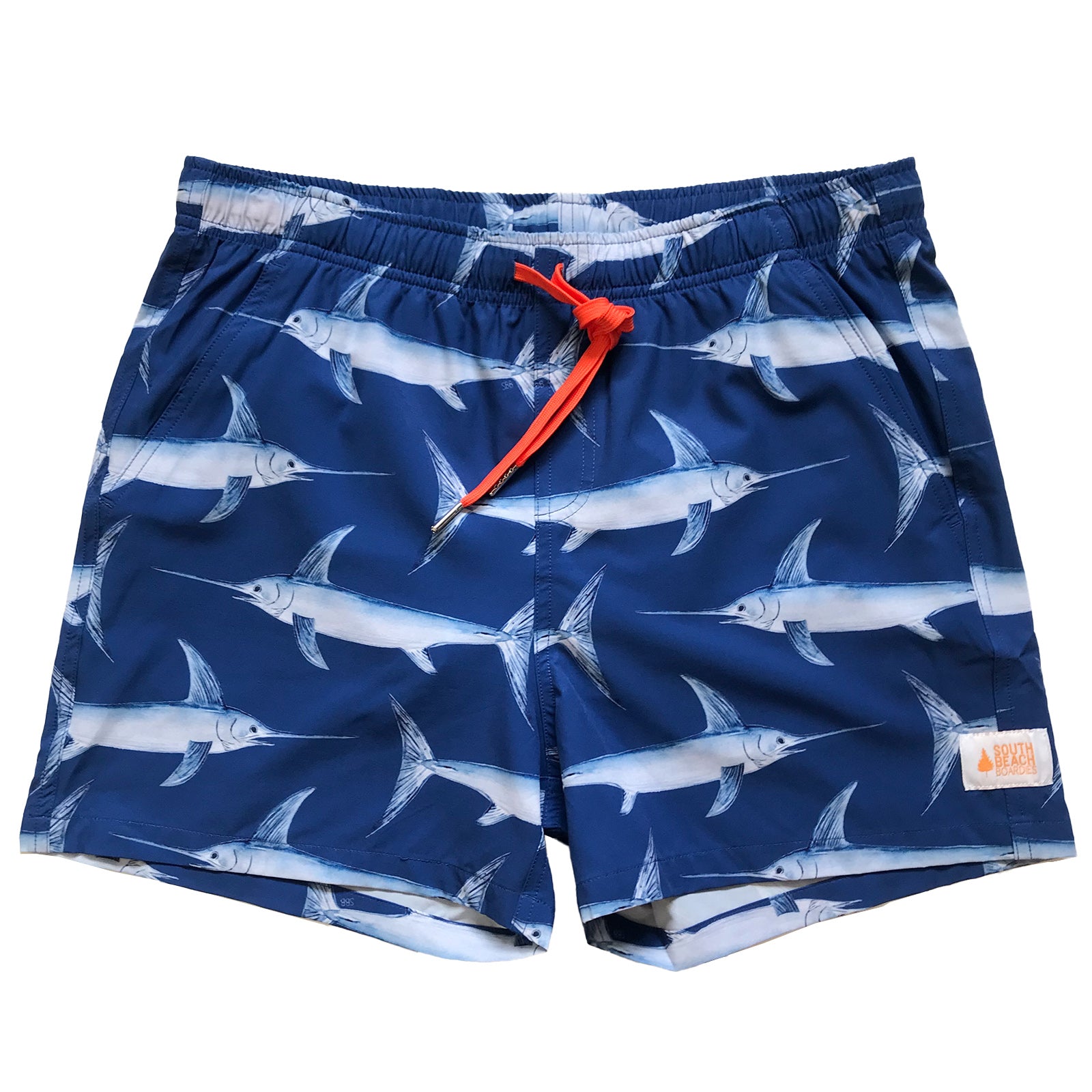 South Beach Boardies Men's Stretchy Trunks made from recycled plastic bottles, Swordfish print, front