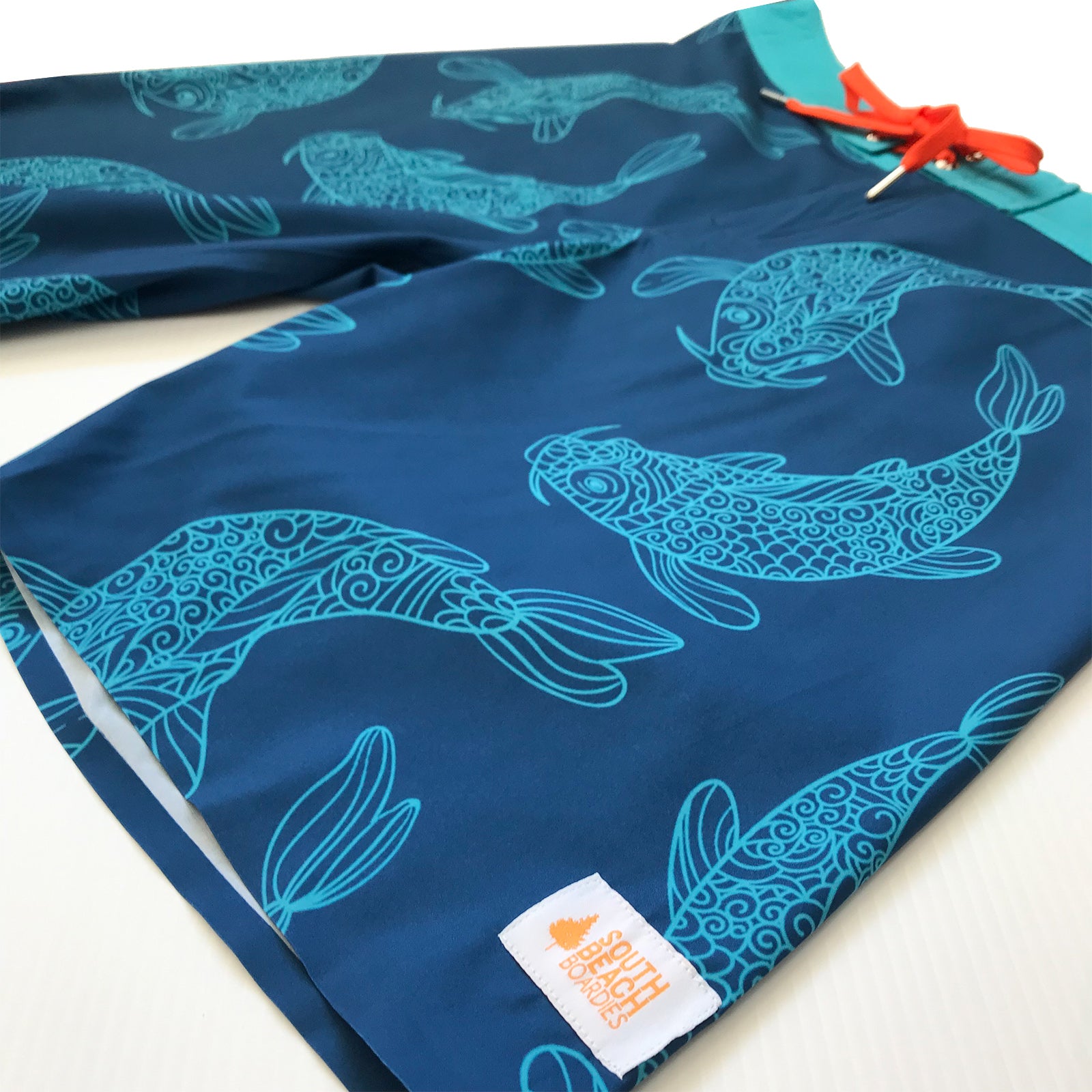 South Beach Boardies Mens Performance boardies made from recycled plastic bottles, Koi carp print,fused hems, SIDE