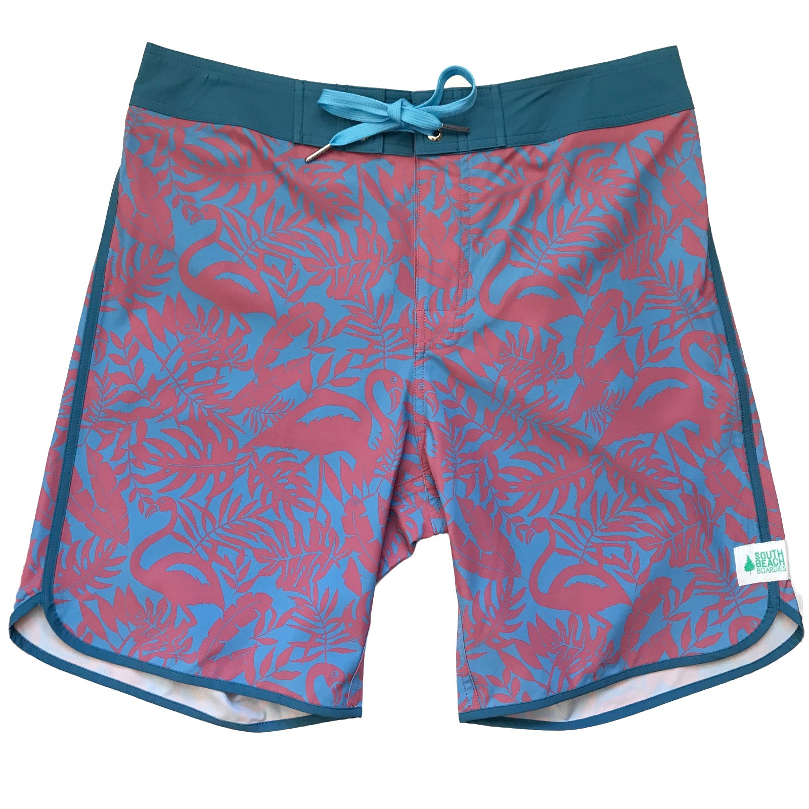 South Beach Boardies Mens Retro Piping boardies made from recycled plastic botles, Flamingo print, front