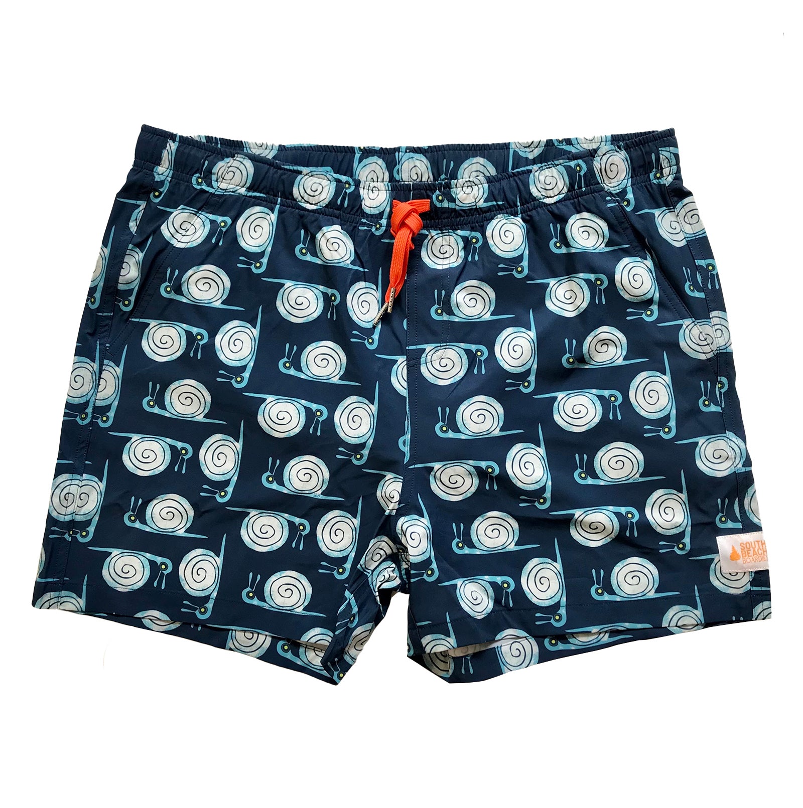South Beach Boardies Mens Stretchy Trunks in Snail Trail print, made from recycled plastic bottles, front