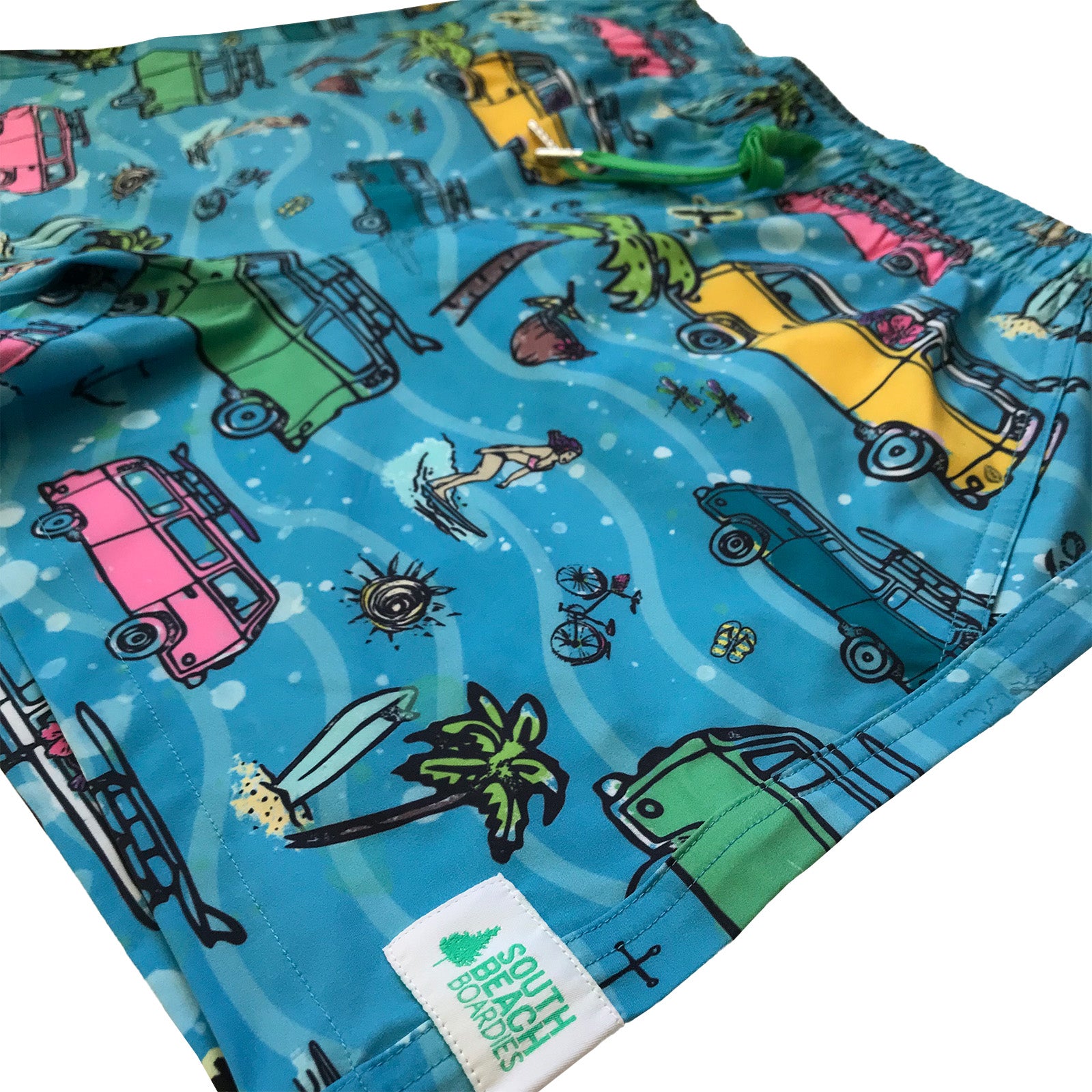 South Beach Boardies Mens Stretchy Trunks made from recycled plastic bottles, Kombi Nation print, side