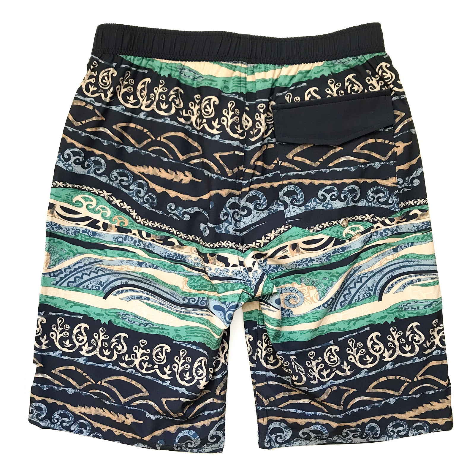South Beach Boardies Mens elastic waist long boardies made from recycled plastic botles, Boho Beach print, back