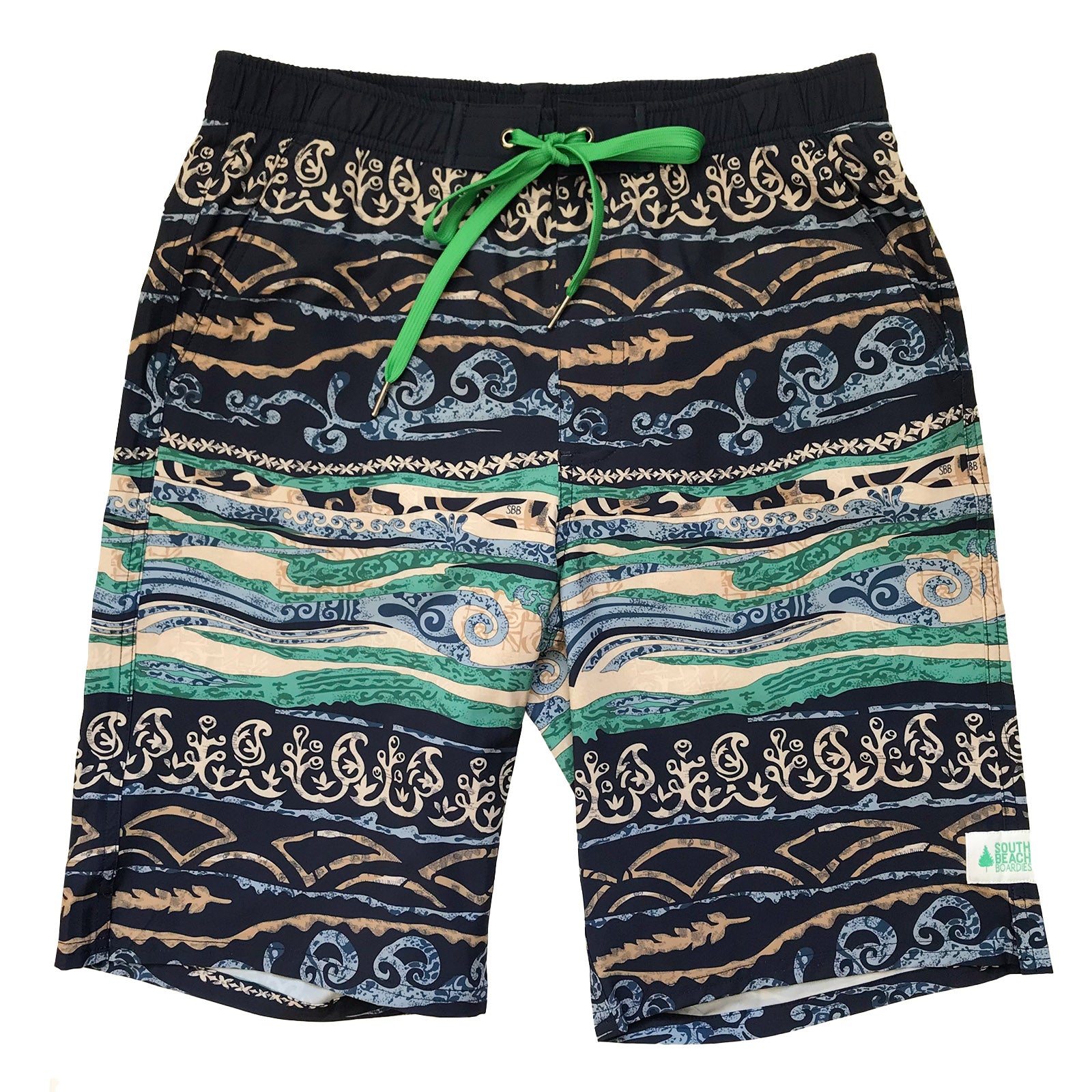 South Beach Boardies Mens elastic waist long boardies made from recycled plastic botles, Boho Beach print, front