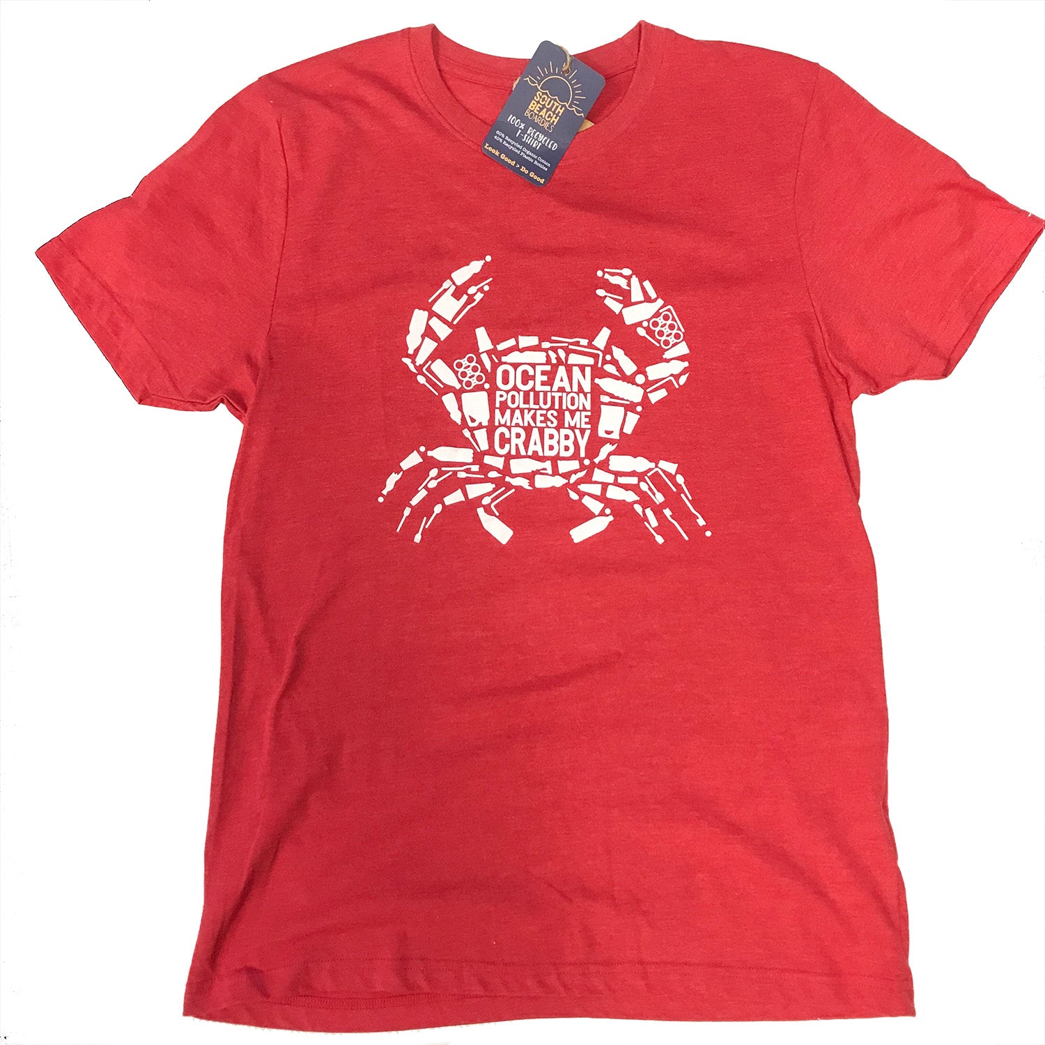 South Beach Boardies Unisex Recycled Tshirt Ocean Pollution Makes me Crabby, front