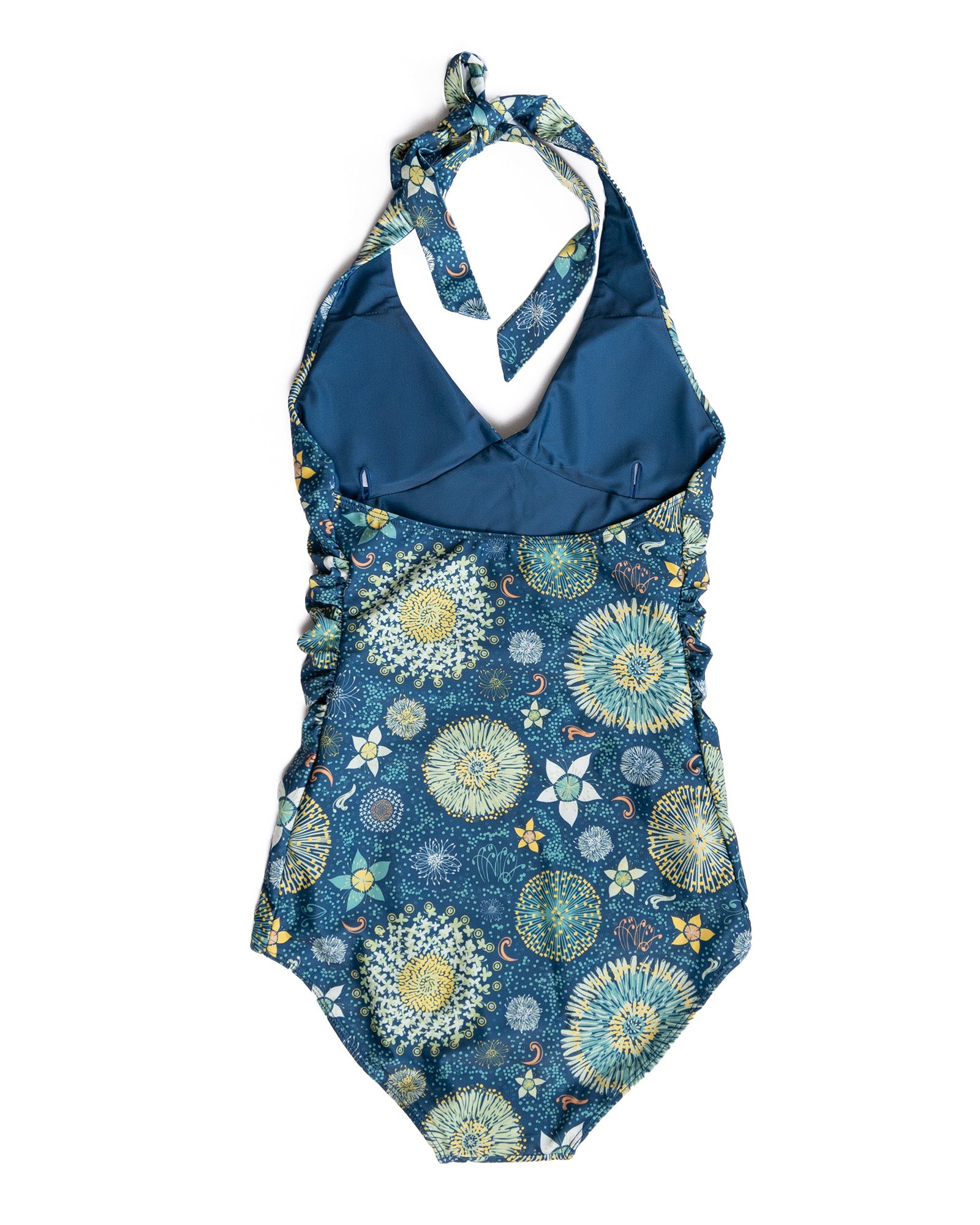 South Beach Boardies Women's Vintage One piece swimsuit In Bloom Print, made from recycled plastic bottles, back view flat lay