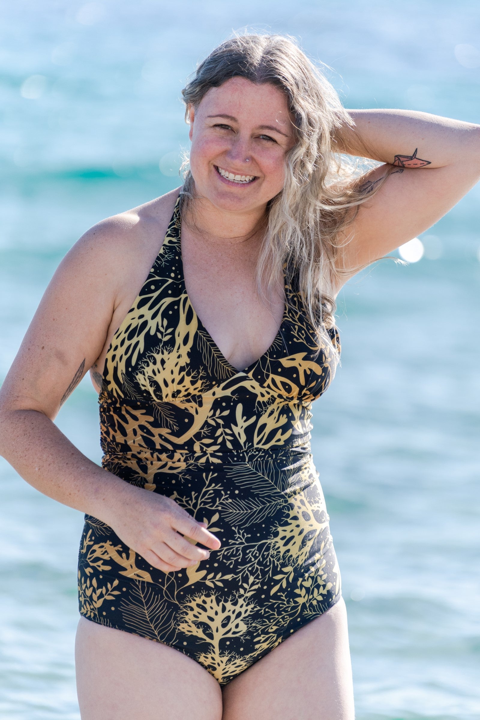South Beach Boardies Women's Vintage one-piece swimsuit in Gold Coral recycled fabric.jpg
