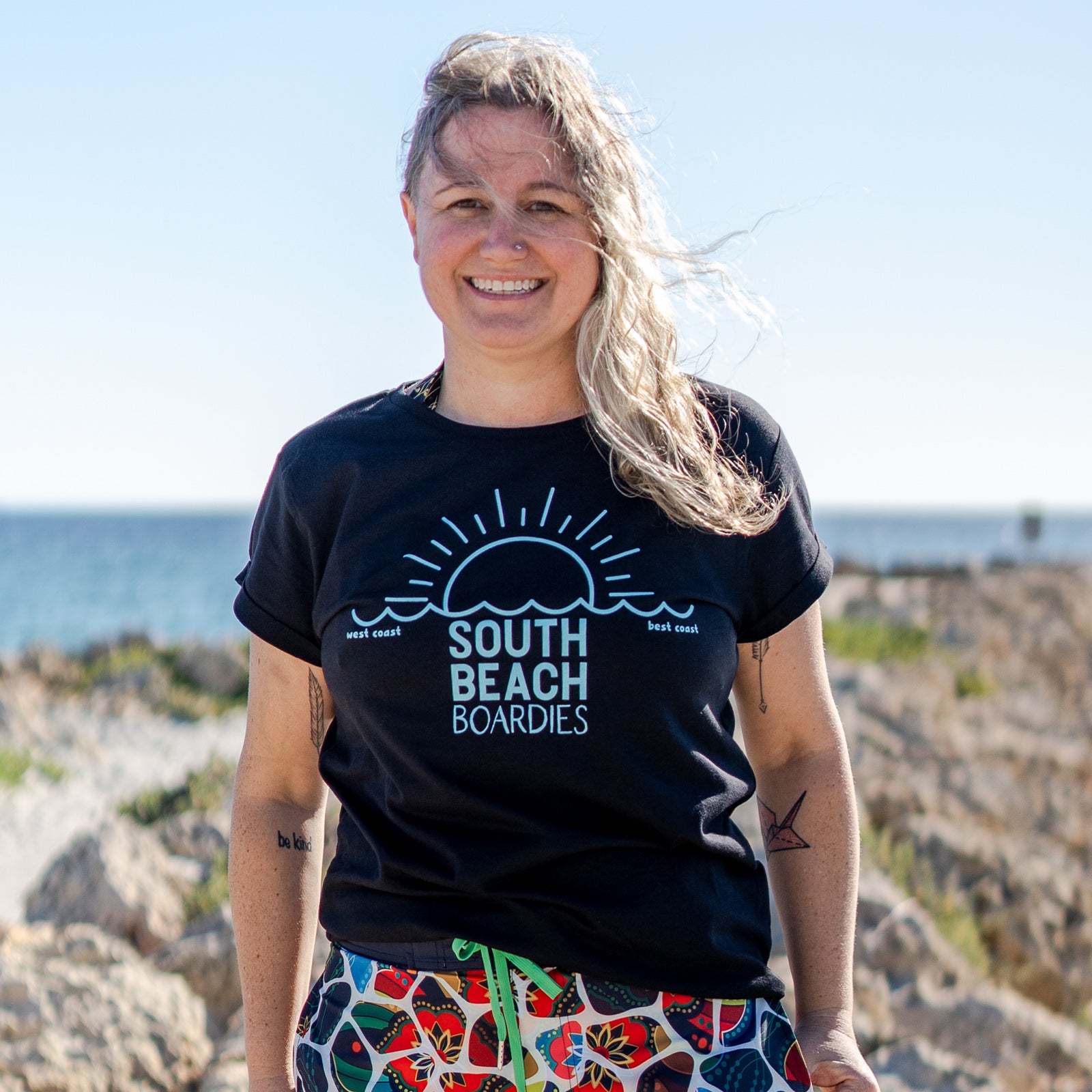 South Beach Boardies eco-friendly recycled women t-shirt black West Coast Best Coast sunset on woman 