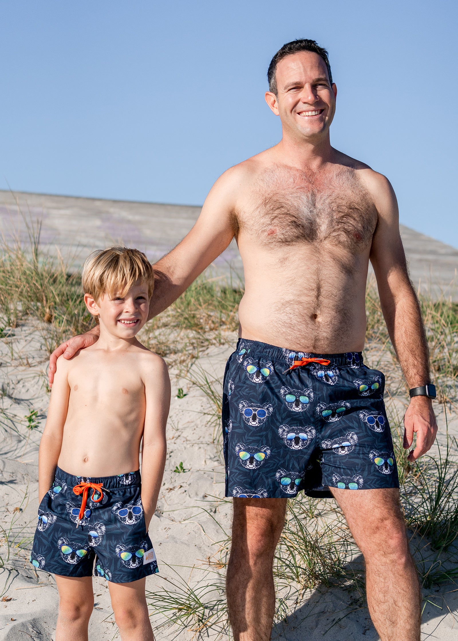 South Beach Boardies matching Dad's & Kids eco-friendly Koala trunks, made from recycled plastic bottles