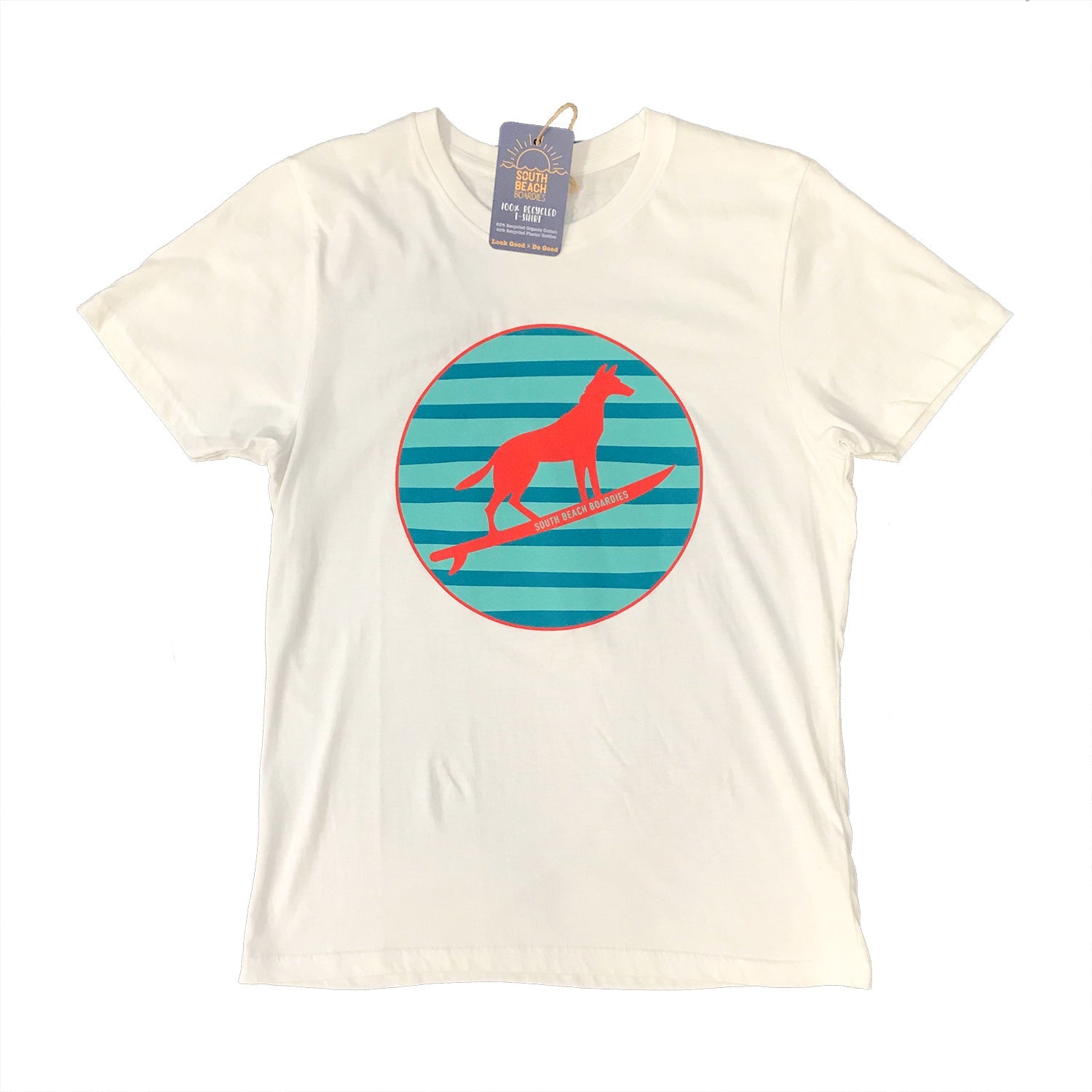 South Beach Boardies men's recycled  tshirt dingo white front
