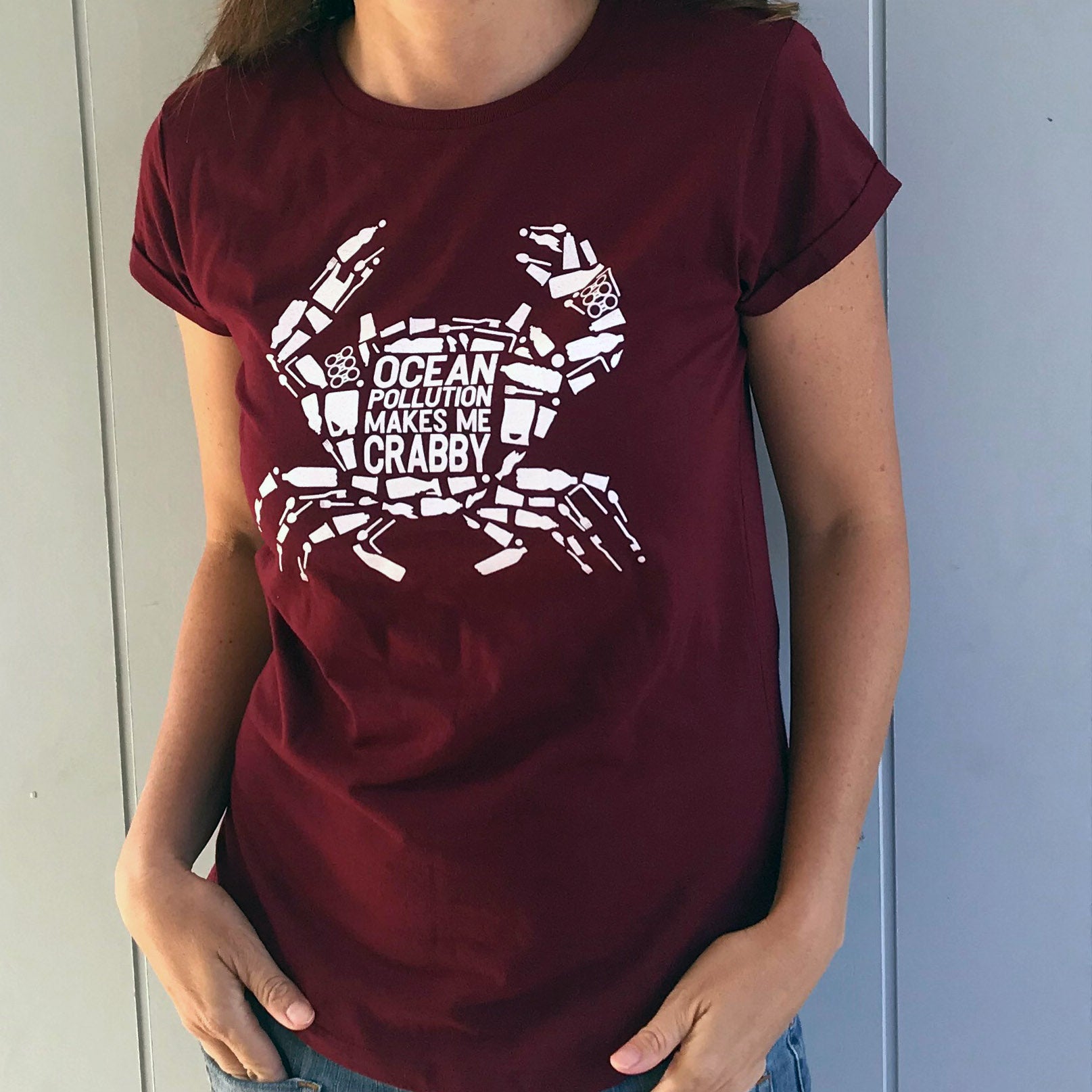 South Beach Boardies organic recycled womens t-shirt, Ocean Pollution makes me crabby