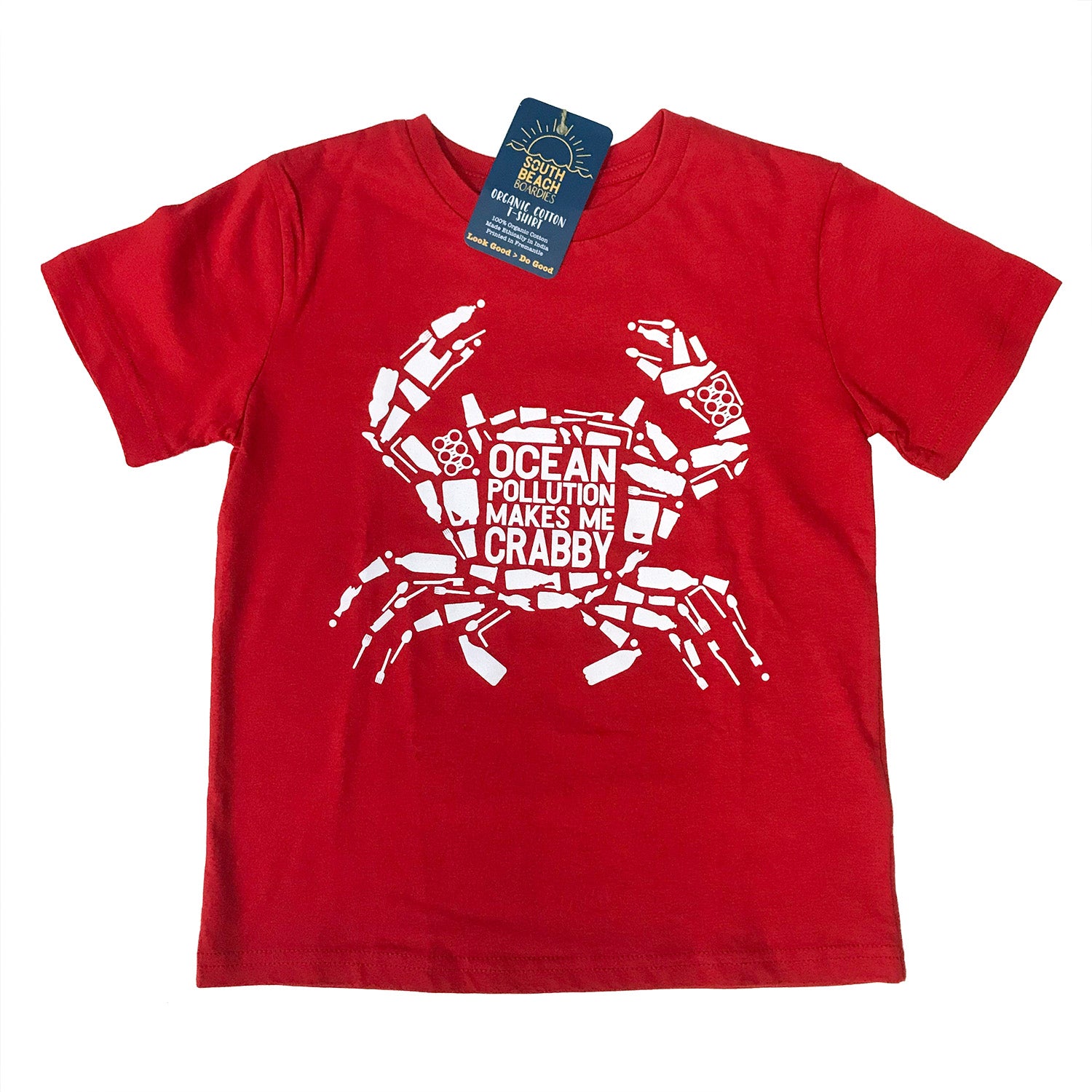 South Beach Boardies RED  kids organic tshirt ocean pollution makes me crabby, front