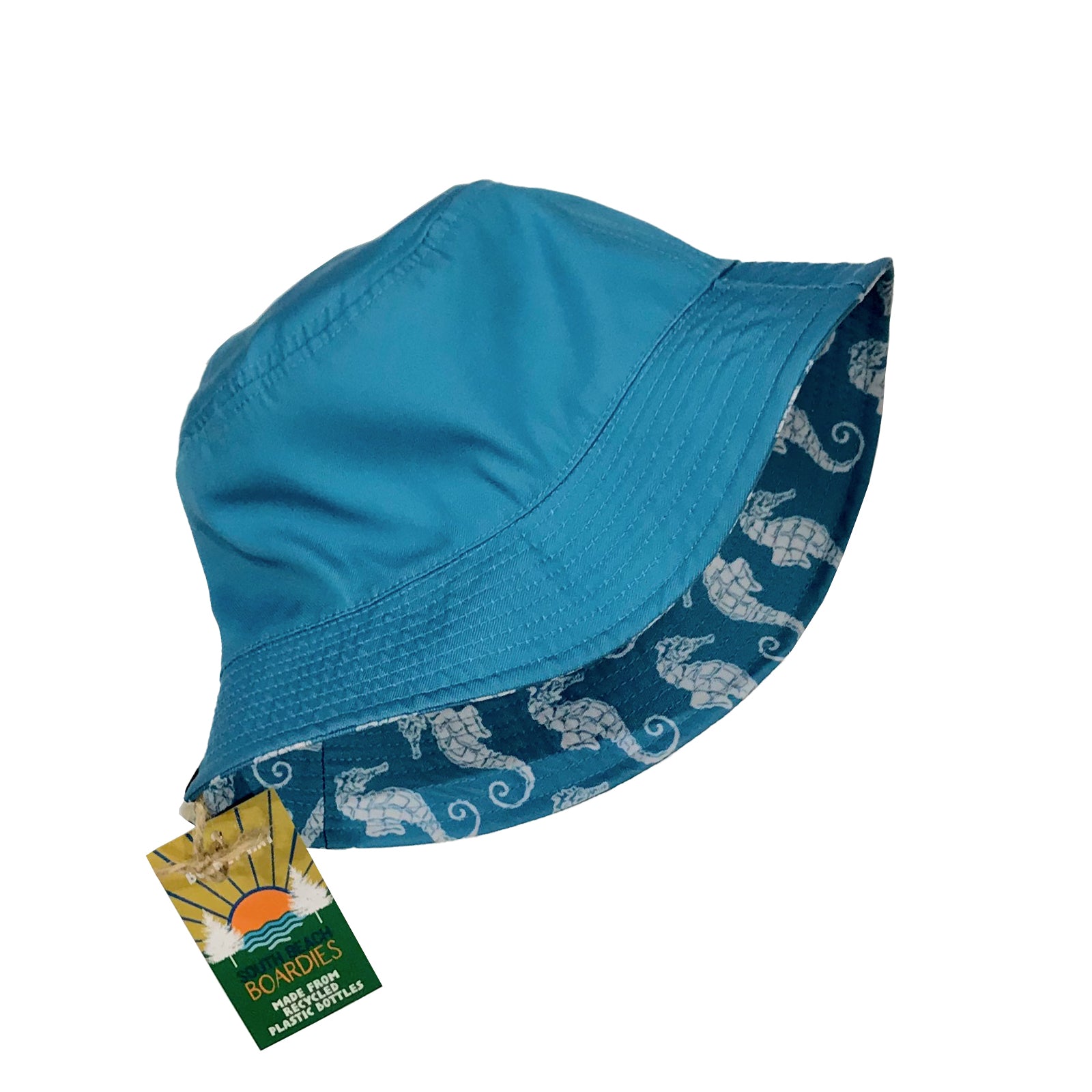 South Beach Boardies reversible bucket hat from recycled plastic bottles, solid aqua colour side, reverse of seahorse print