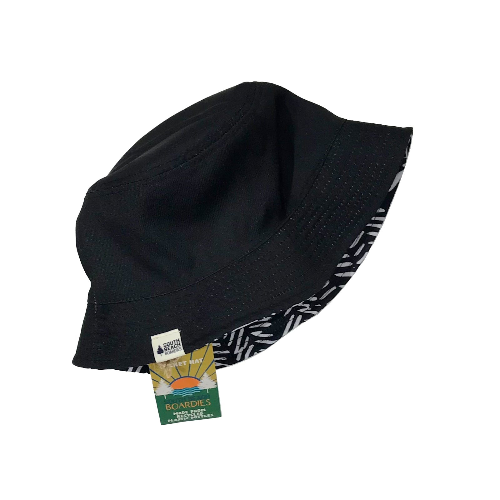 South Beach Boardies reversible bucket hat from recycled plastic bottles, solid black colour, reverse of Tribal print