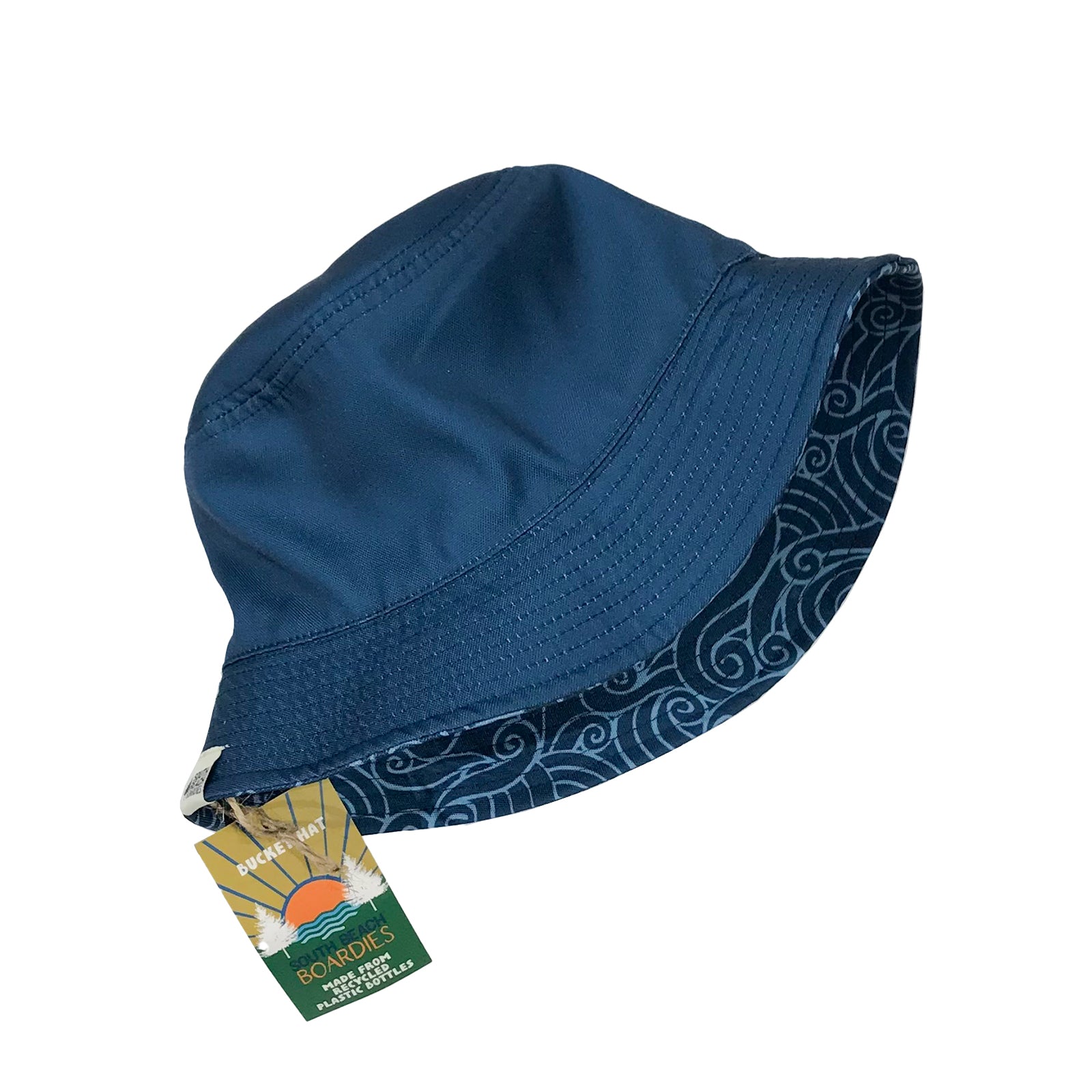 South Beach Boardies reversible bucket hat from recycled plastic bottles, solid blue colour side, reverse of Waves for Days print