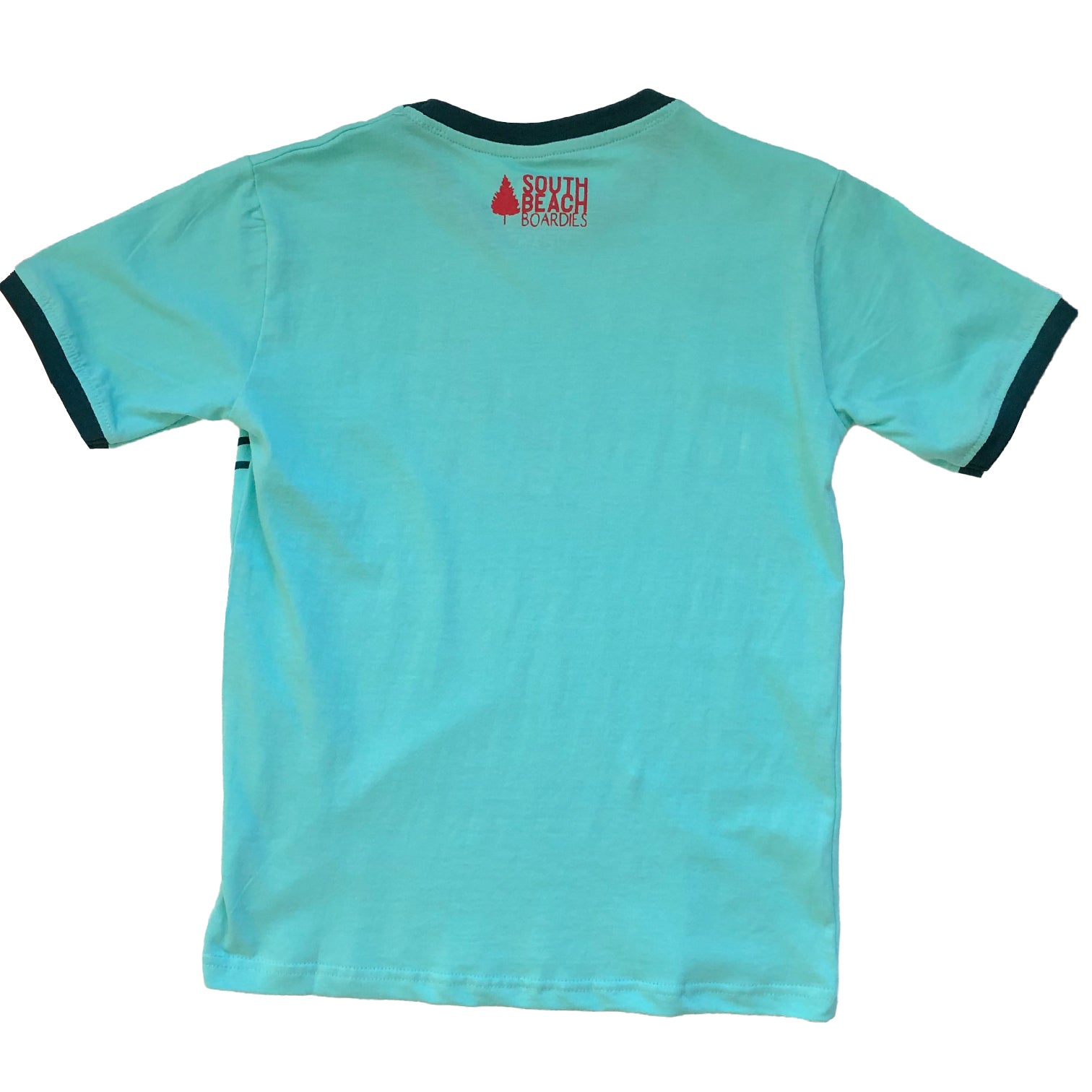 South Beach Boardies sustainable Adults Unisex t-shirt ethically made organic cotton Ringer T-shirt, Turquoise Dingo back