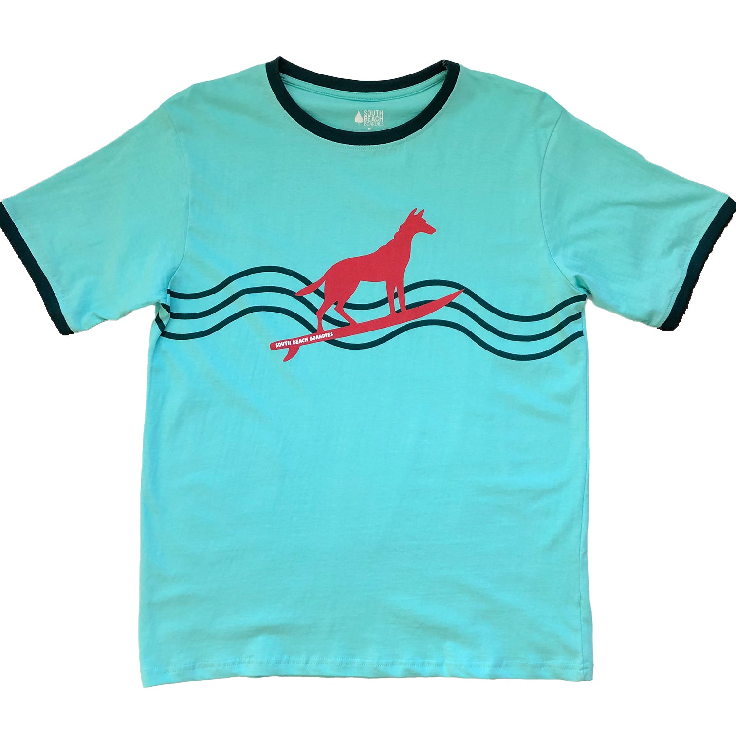 South Beach Boardies sustainable Adults Unisex t-shirt ethically made organic cotton Ringer T-shirt, Turquoise Dingo, front