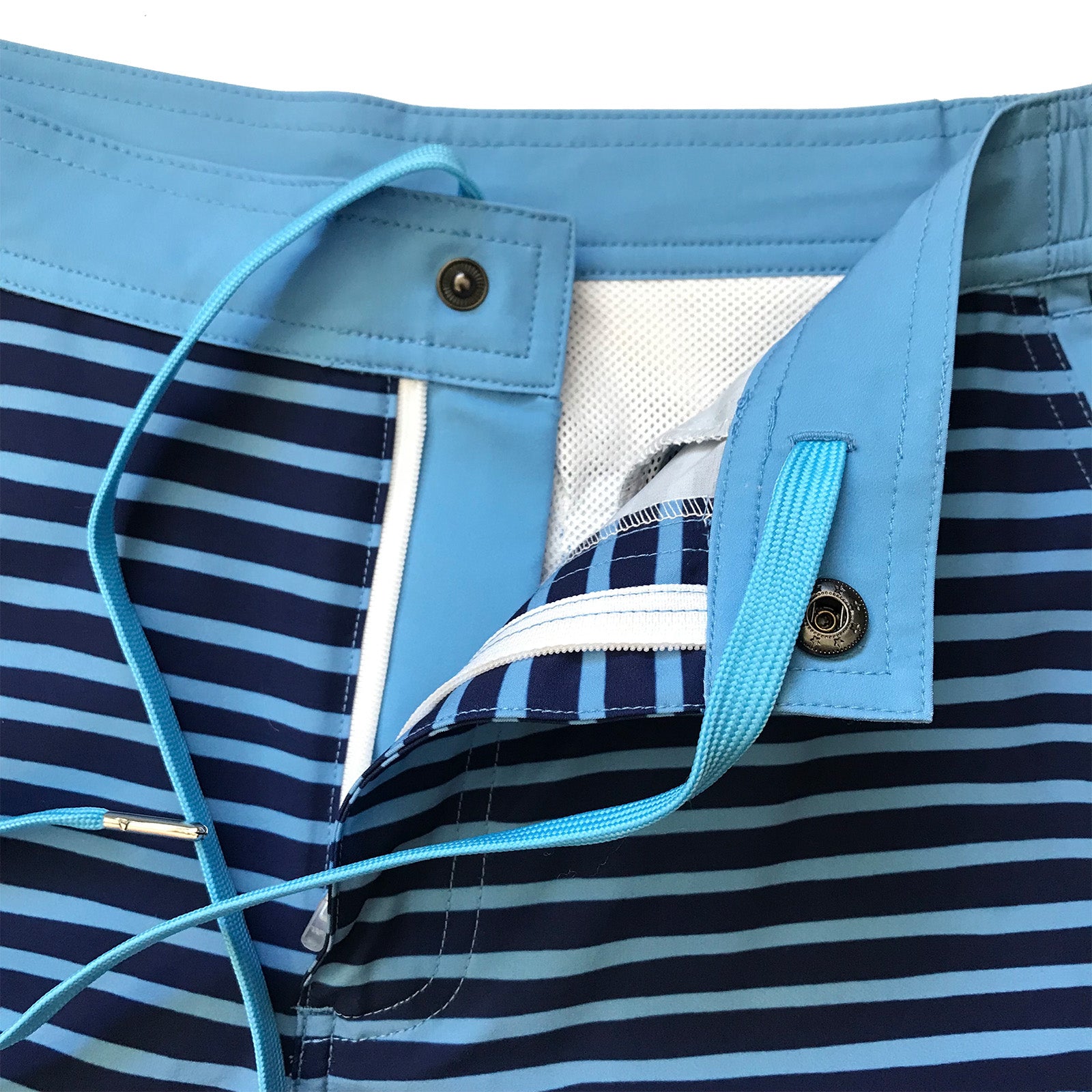 South Beach Boardies sustainable Mens Hybrid Boardies, made from recycled plastic bottles, Blue Stripe, close up of fly
