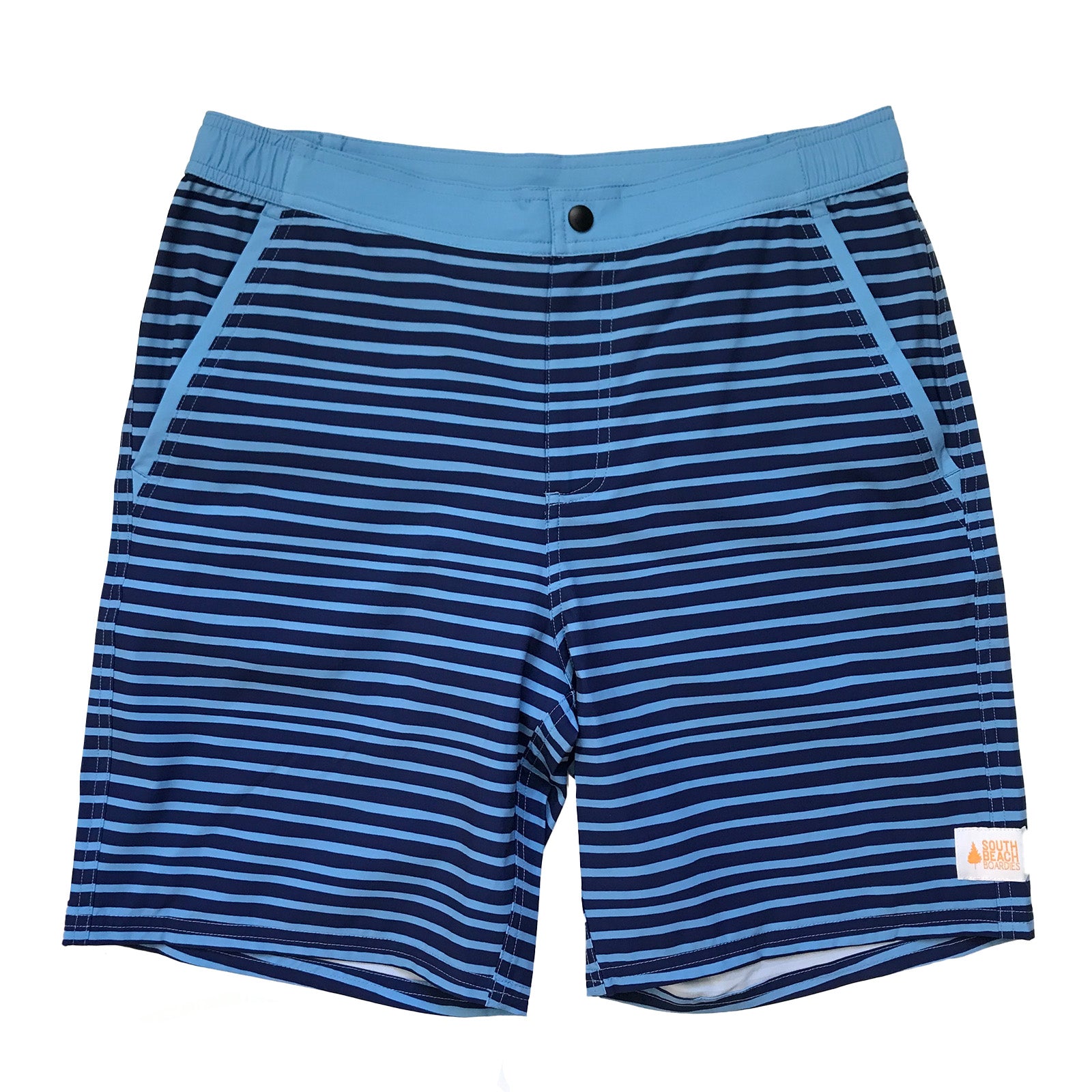 South Beach Boardies sustainable Mens Hybrid Boardies, made from recycled plastic bottles, Blue Stripe, front