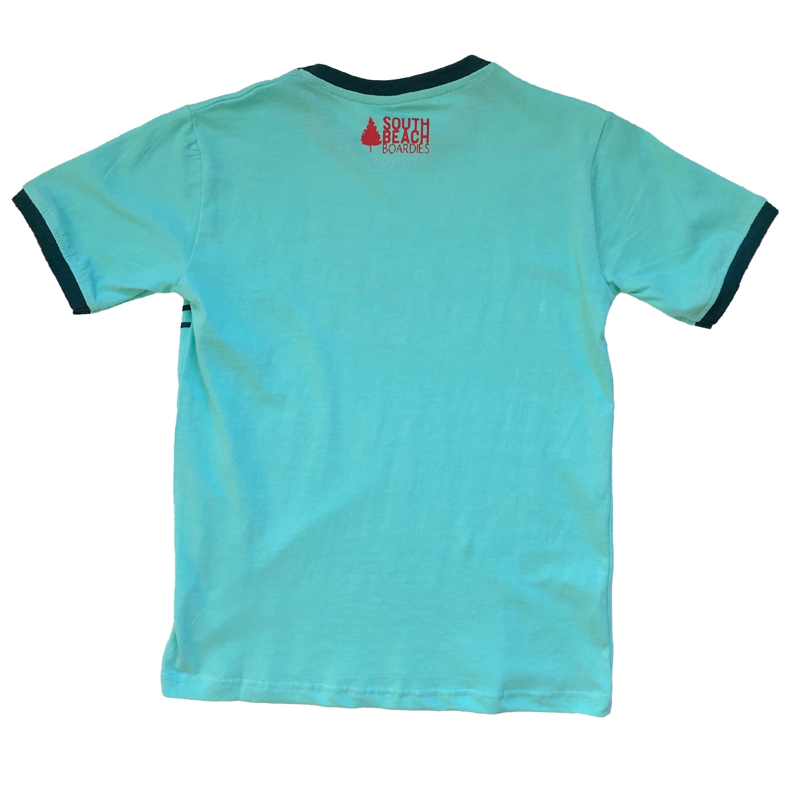 South Beach Boardies sustainable kids t-shirt ethically made organic cotton Ringer T-shirt, Turquoise Dingo, back