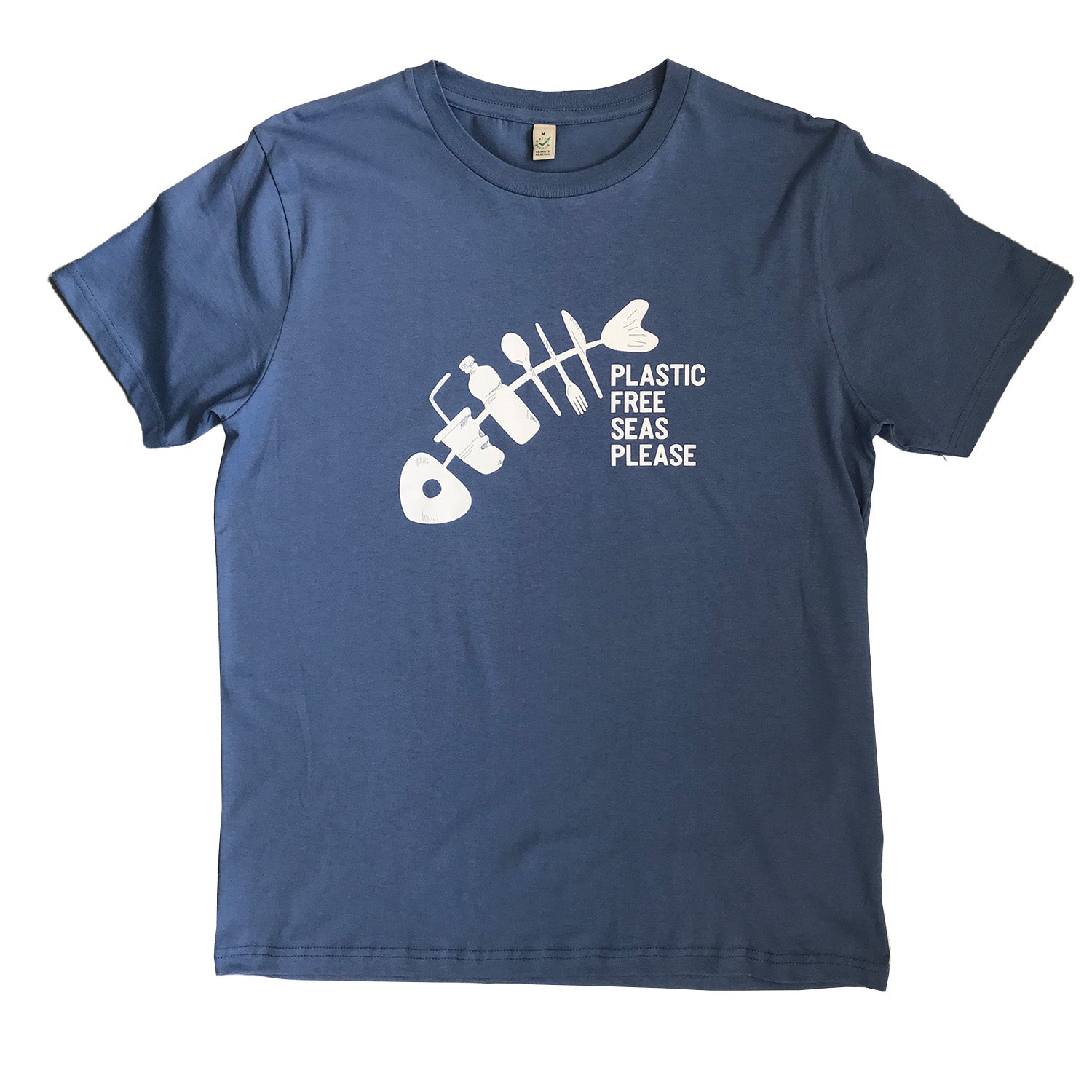 South Beach Boardies unisex fish plastic free seas please organic cotton baseball tshirt blue front