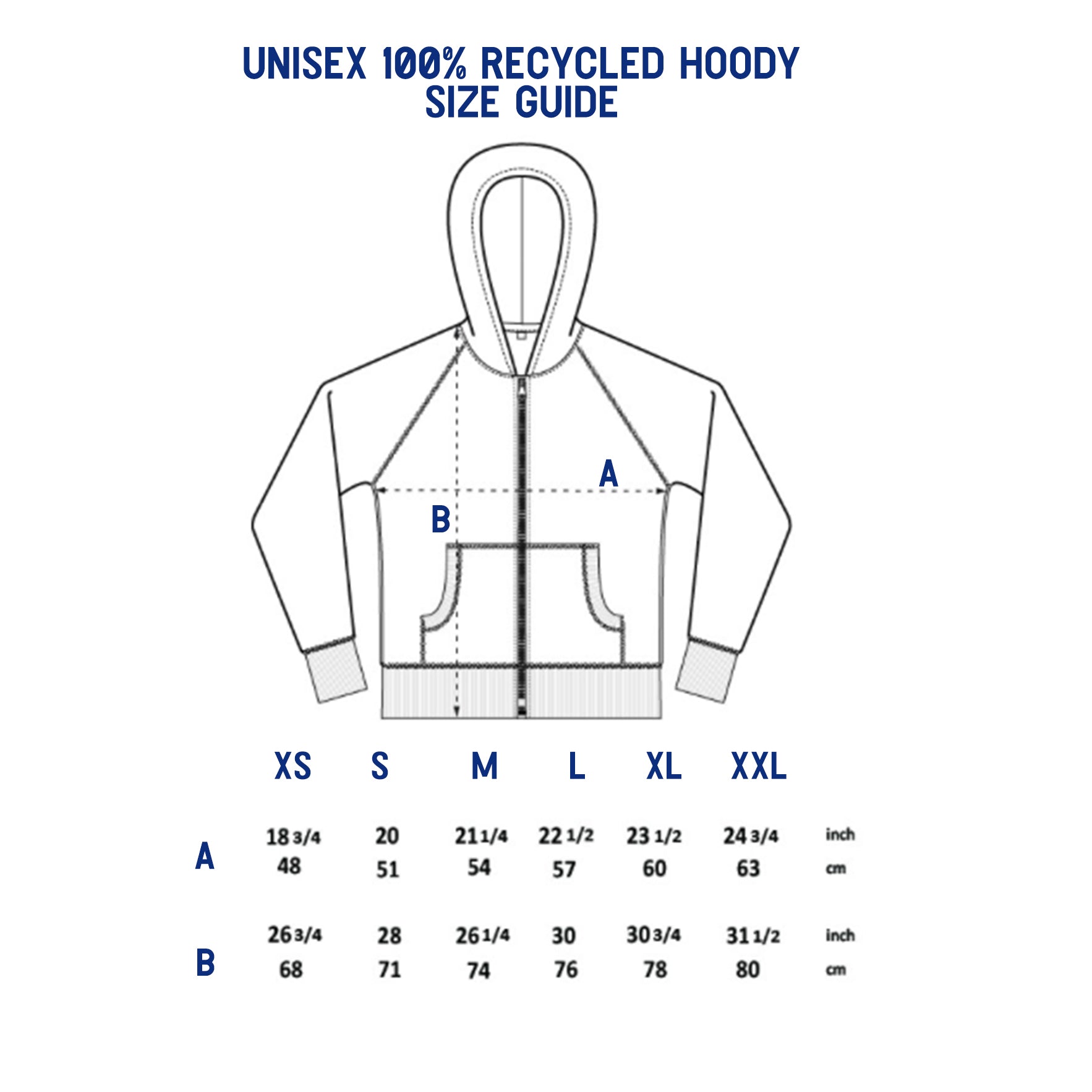 South Beach Boardies Hoody made from 60% recycled organic cotton and 40% recycled plastic bottles, size guide