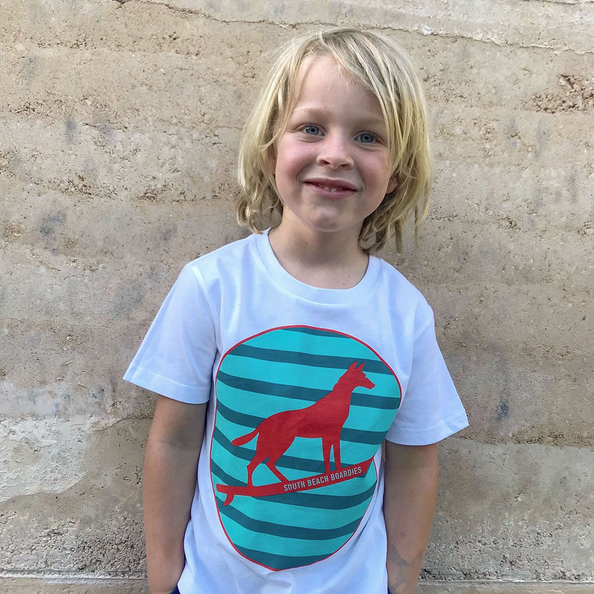 South Beach Boardies organic cotton kids t-shirt with dingo print, front