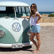 Woman at Kombi in South Beach Boardies womens limited edition print board shorts