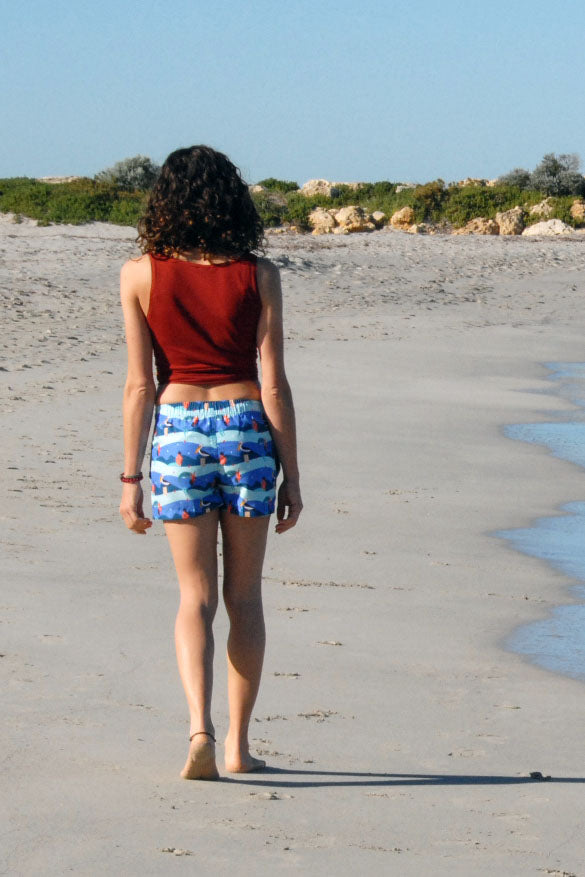Womens Summer Shorts in My Favourite Mermaid, walking along beach