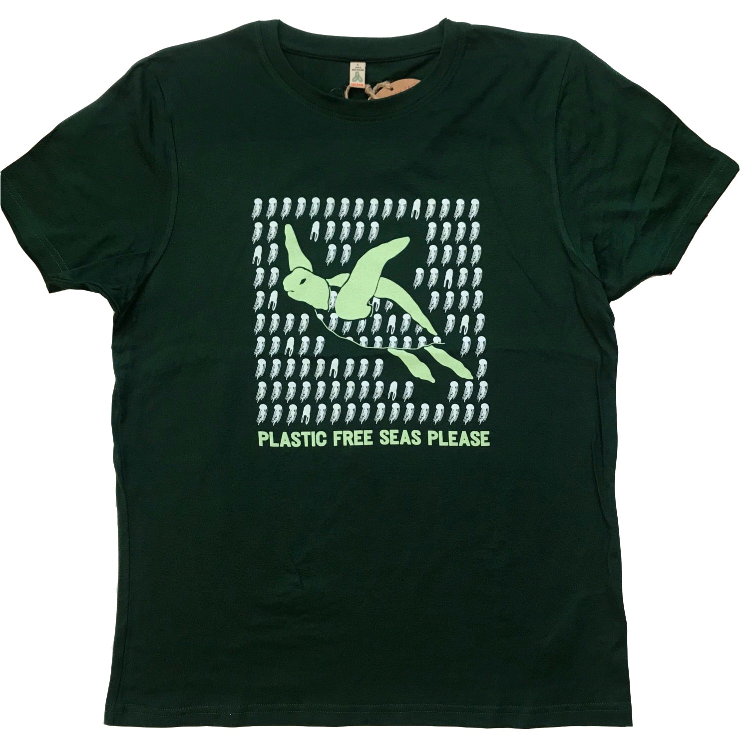 unisex green turtle t-shirt plastic free seas please front